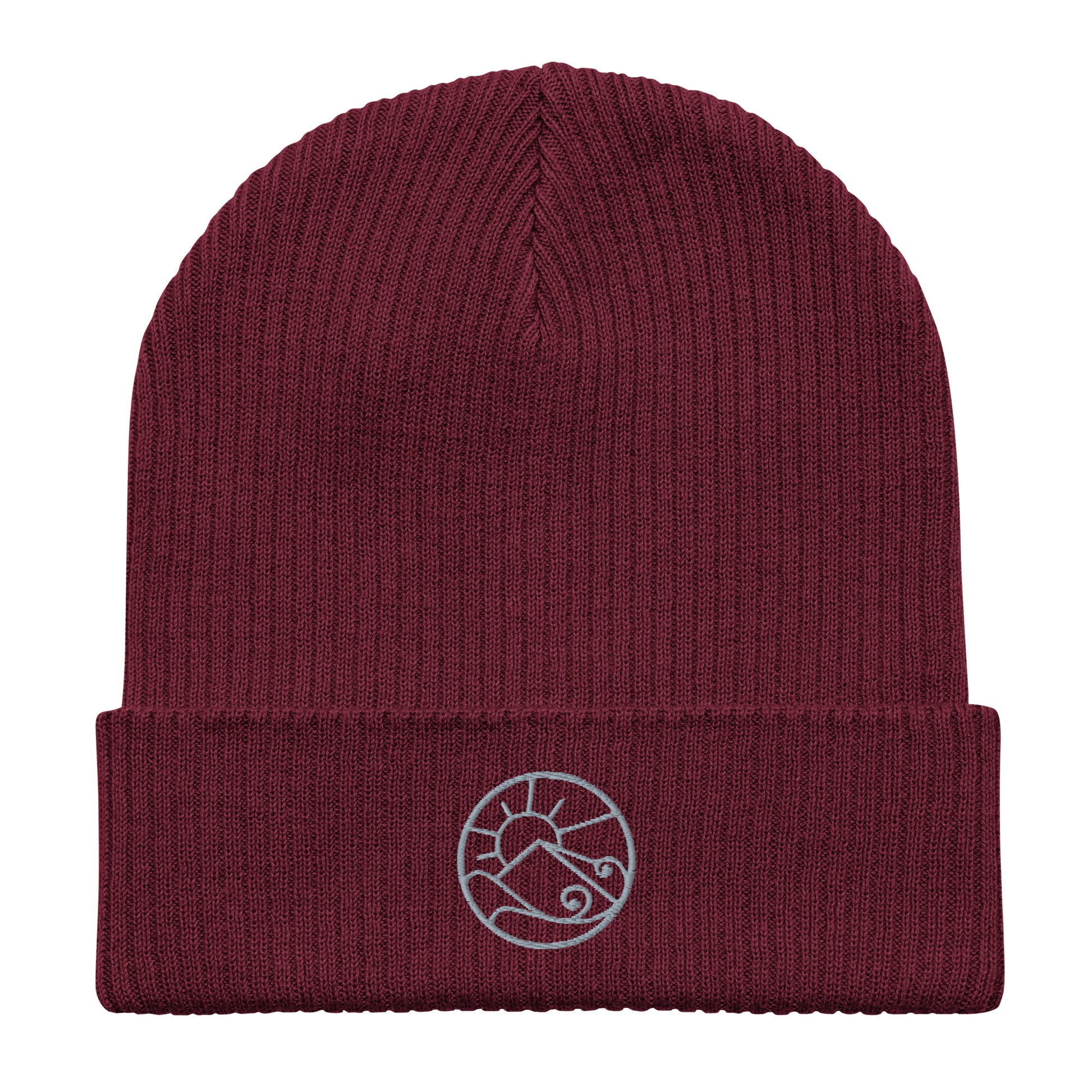 Flat front view of organic ribbed beanie with subtle embroidered Gaia’s Harmony logo – unisex beanie – color: burgundy