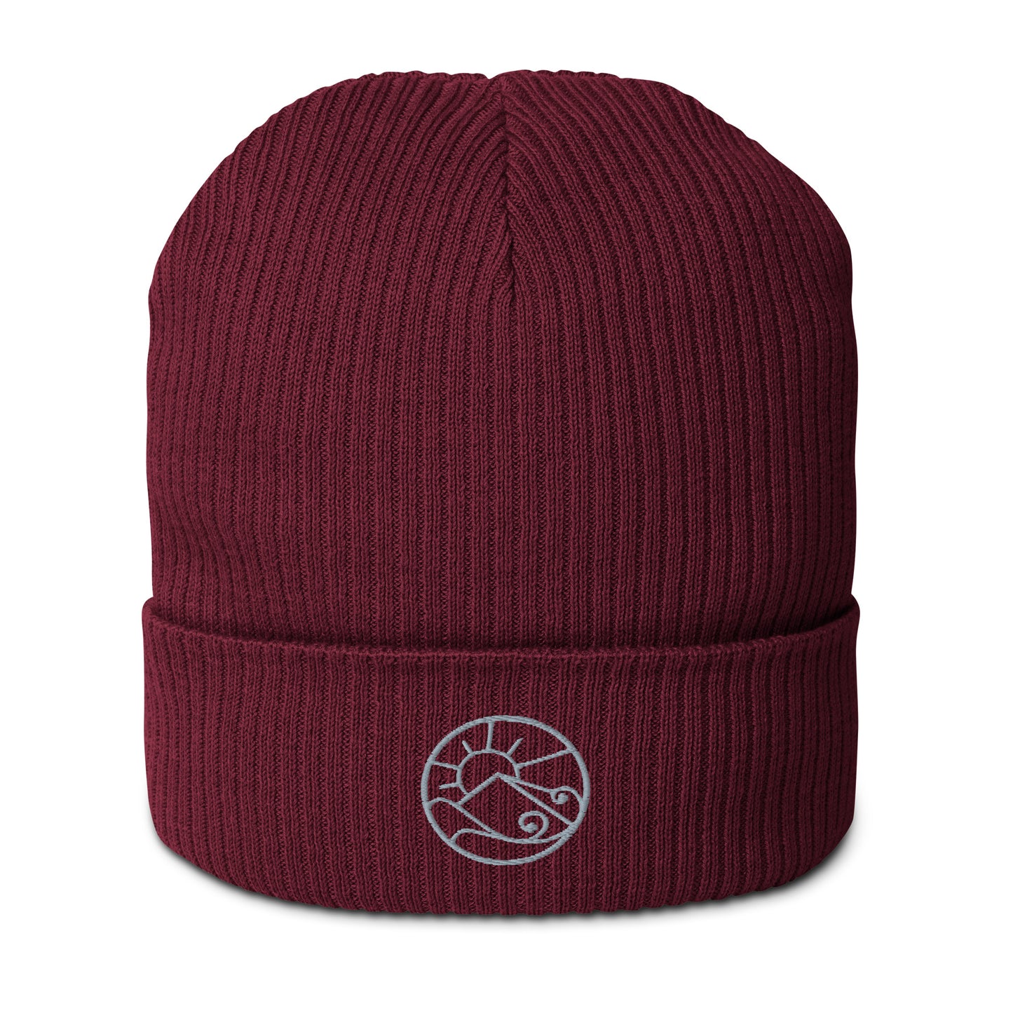 Front view of organic ribbed beanie with subtle embroidered Gaia’s Harmony logo – unisex beanie – color: burgundy