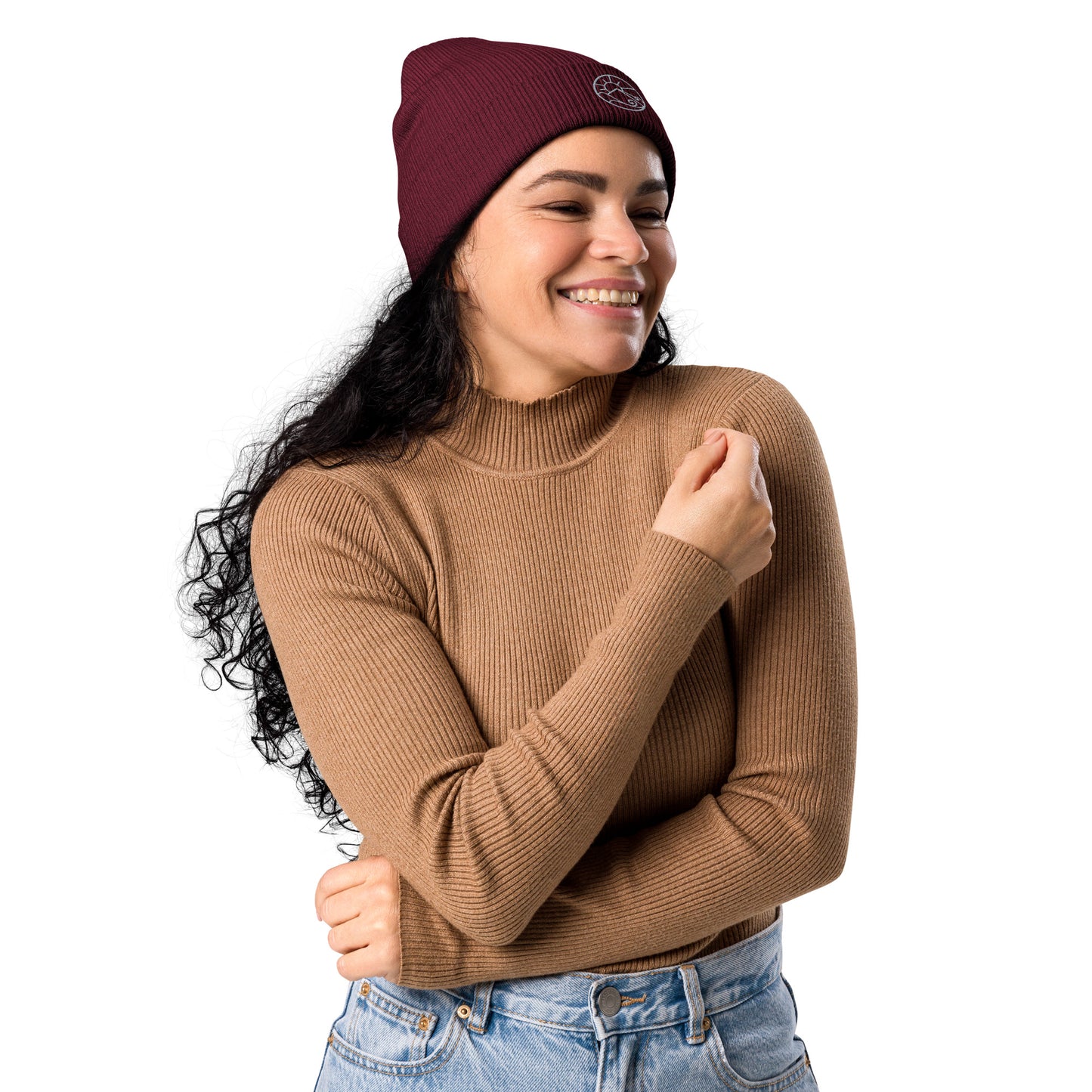 Lifestyle view of organic ribbed beanie with subtle embroidered Gaia’s Harmony logo – unisex beanie – color: burgundy