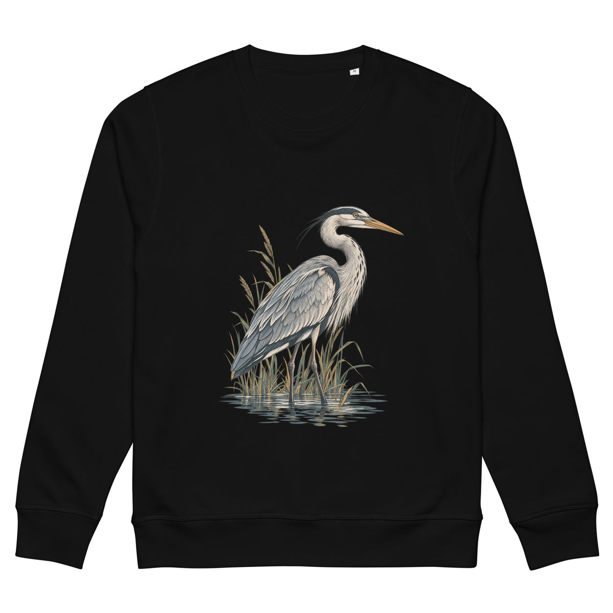Flat view of a black organic cotton sweatshirt with Grey Heron illustration designed by Gaia's Harmony. Color: black