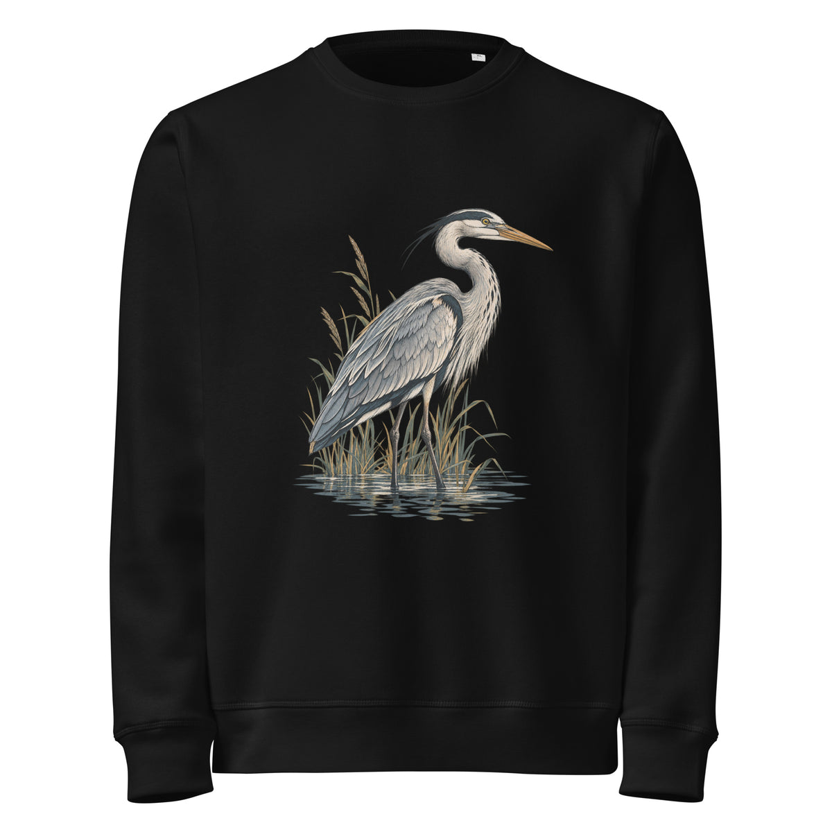 Front view of a black organic cotton sweatshirt with Grey Heron illustration designed by Gaia's Harmony. Color: black