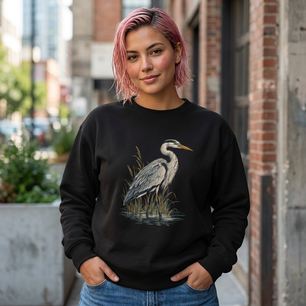 Lifestyle photo of woman wearing a black organic cotton sweatshirt with Grey Heron illustration designed by Gaia's Harmony. Color: black