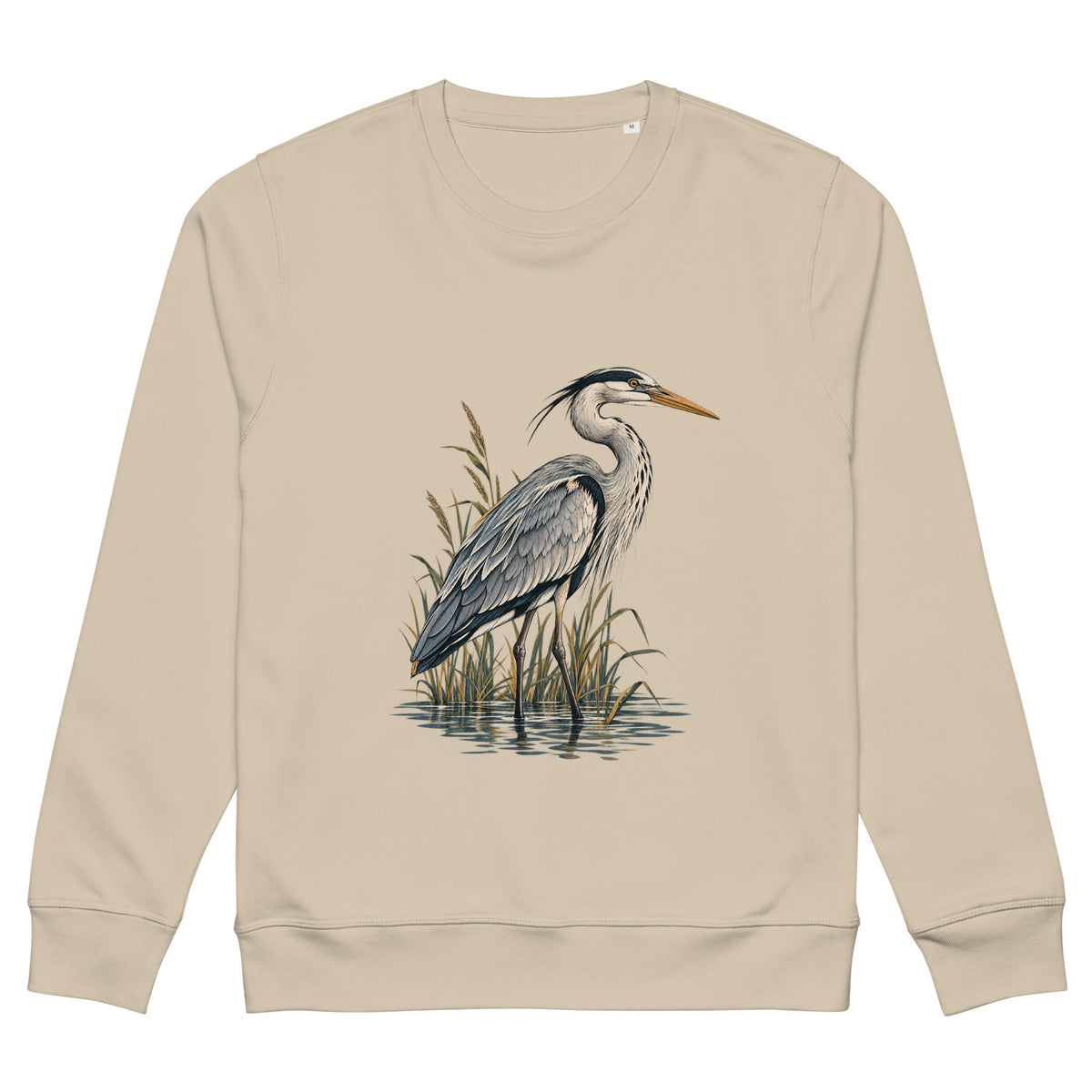Flat view of Desert Dust organic cotton sweatshirt with Grey Heron illustration designed by Gaia's Harmony. Color: desert dust