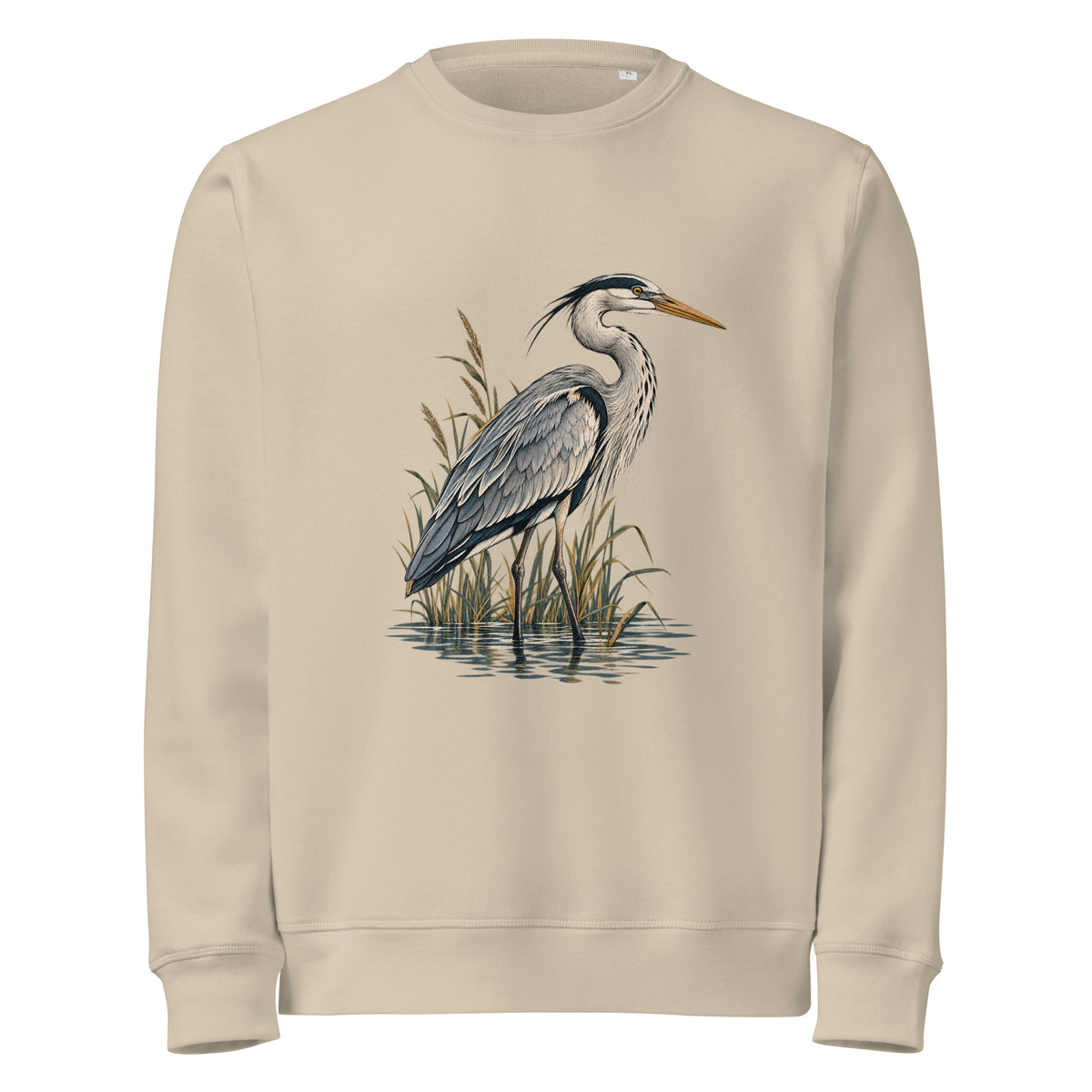 Front view of Desert Dust organic cotton sweatshirt with Grey Heron illustration designed by Gaia's Harmony. Color: desert dust