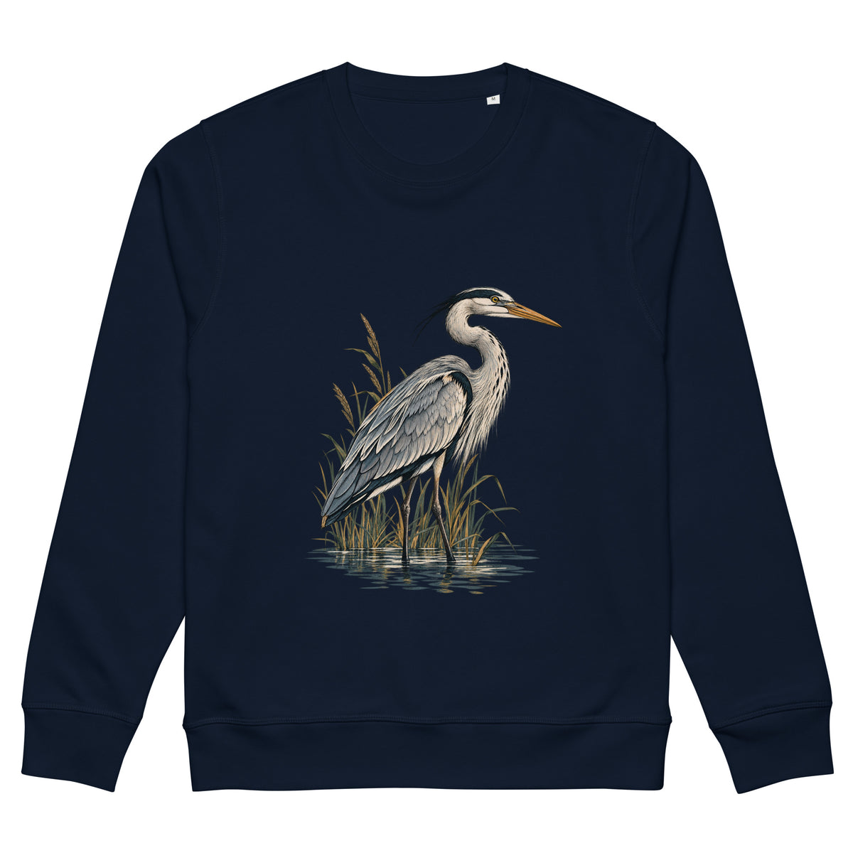 Flat view of French Navy organic cotton sweatshirt with Grey Heron illustration designed by Gaia's Harmony. Color: french navy