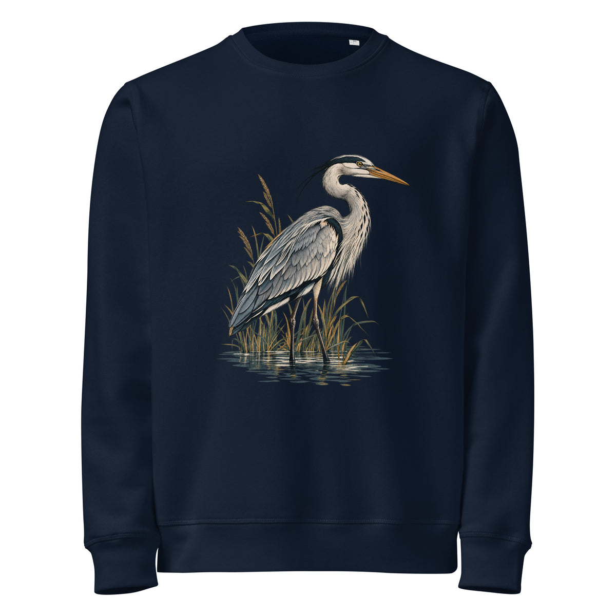 Front view of French Navy organic cotton sweatshirt with Grey Heron illustration designed by Gaia's Harmony. Color: french navy