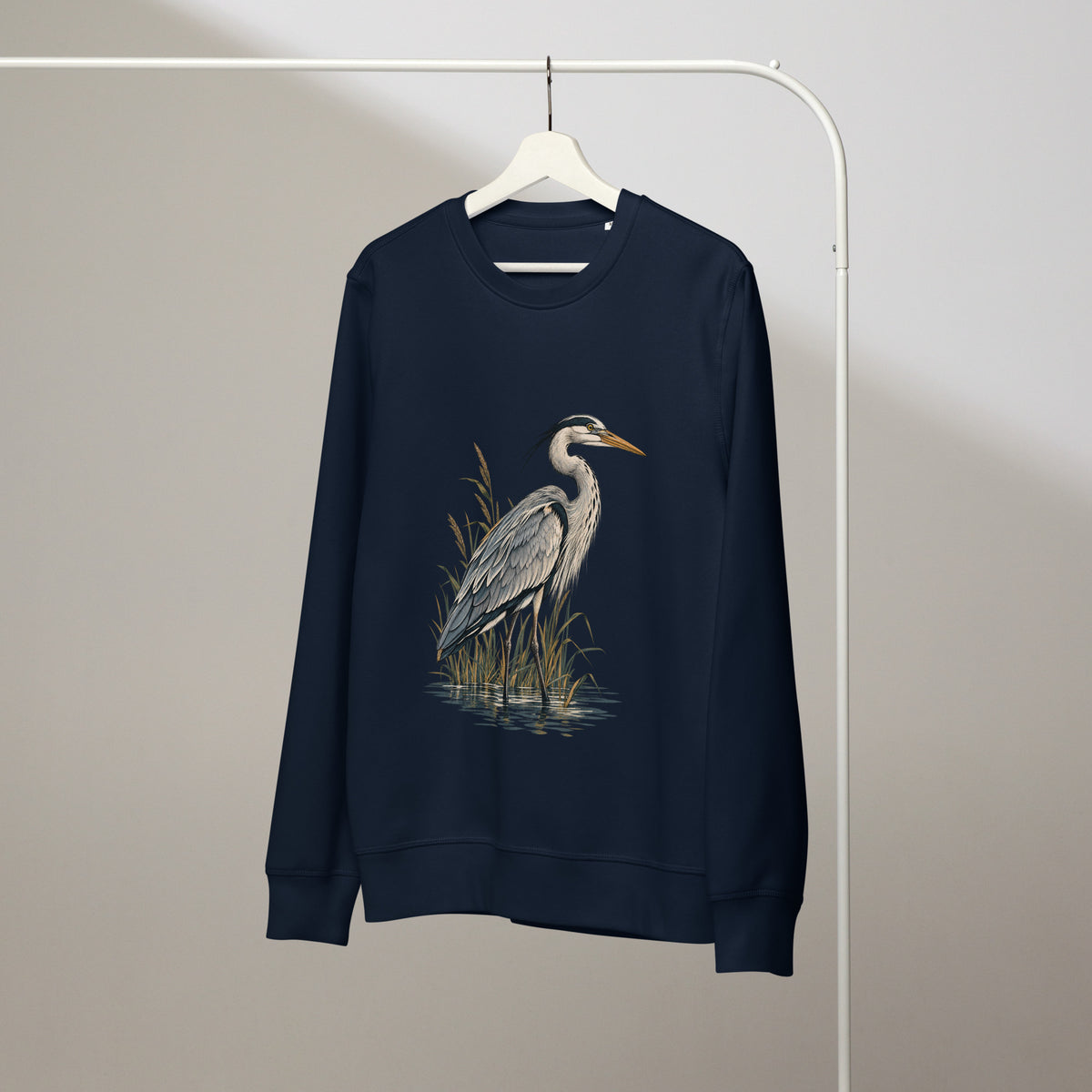 Wardrobe view of French Navy organic cotton sweatshirt with Grey Heron illustration designed by Gaia's Harmony. Color: french navy