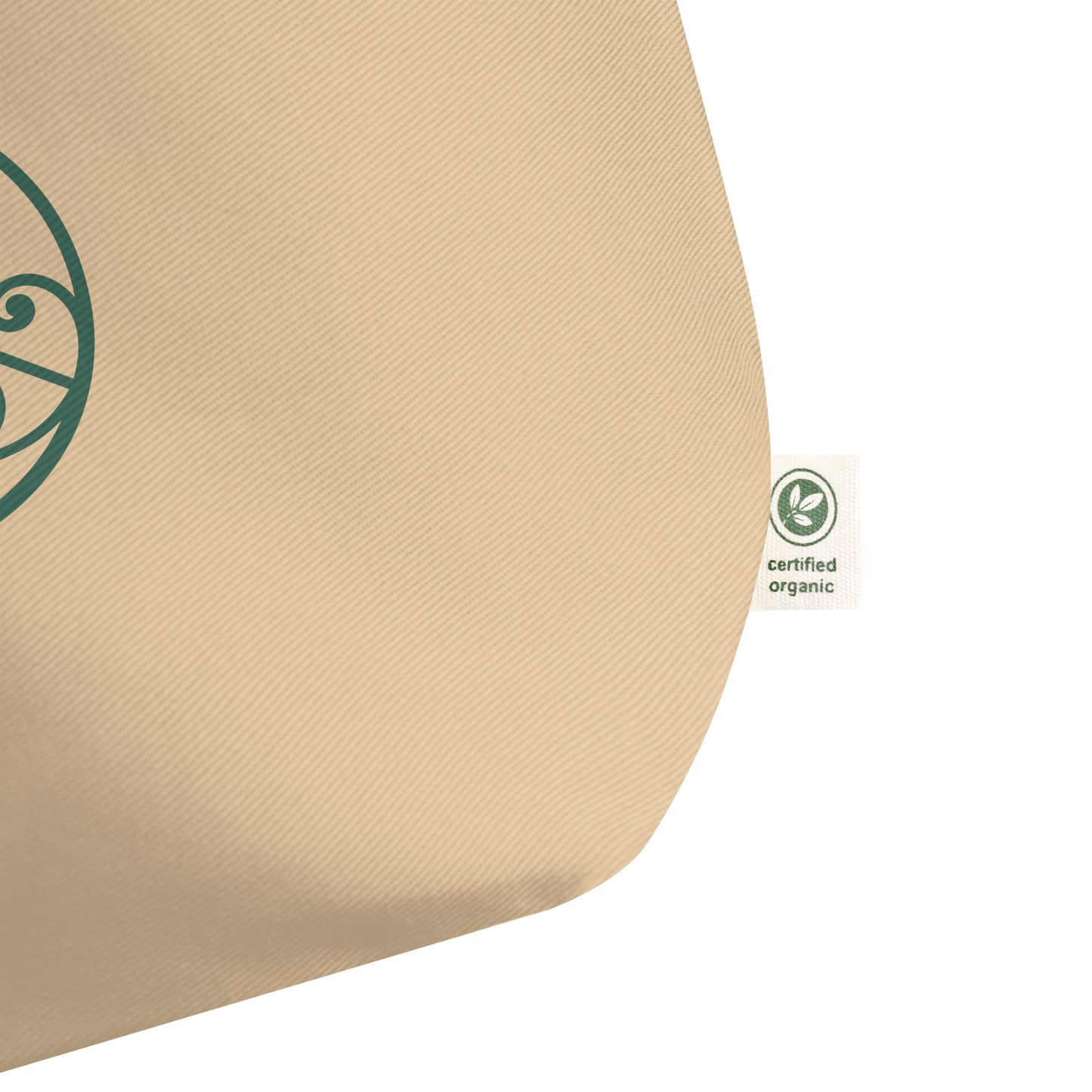 Certified label view of Large organic cotton tote bag with green Gaia’s Harmony logo on natural canvas fabric