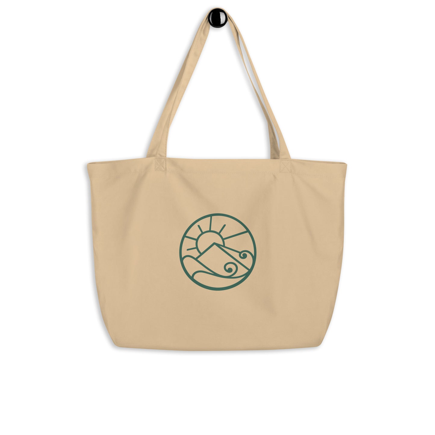 Front hanging view of Large organic cotton tote bag with green Gaia’s Harmony logo on natural canvas fabric