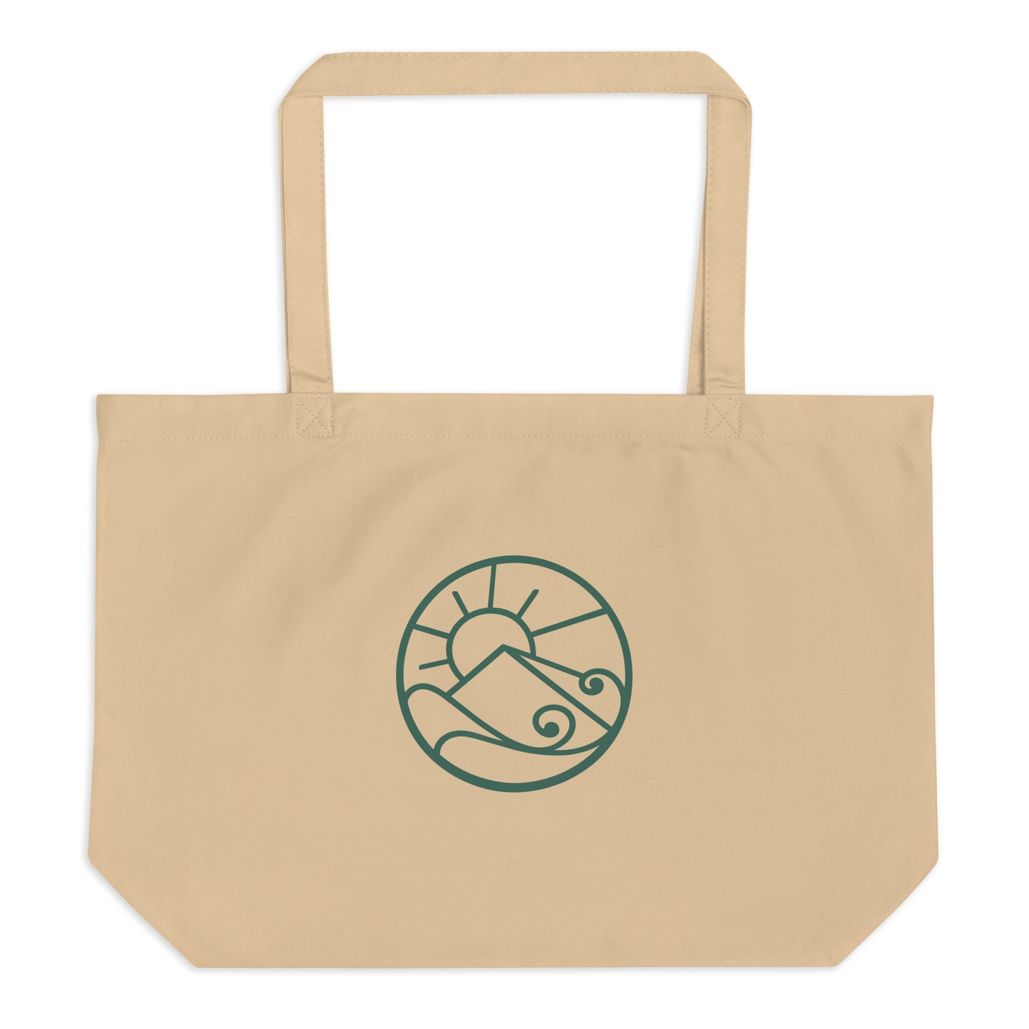 Front view of Large organic cotton tote bag with green Gaia’s Harmony logo on natural canvas fabric