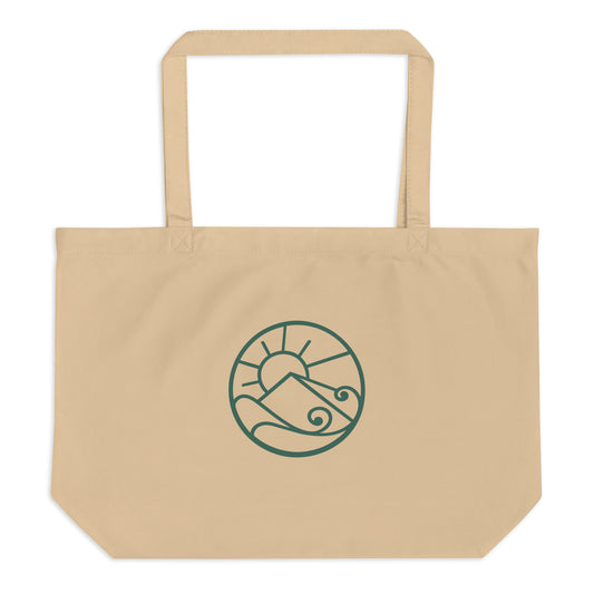 Front view of Large organic cotton tote bag with green Gaia’s Harmony logo on natural canvas fabric