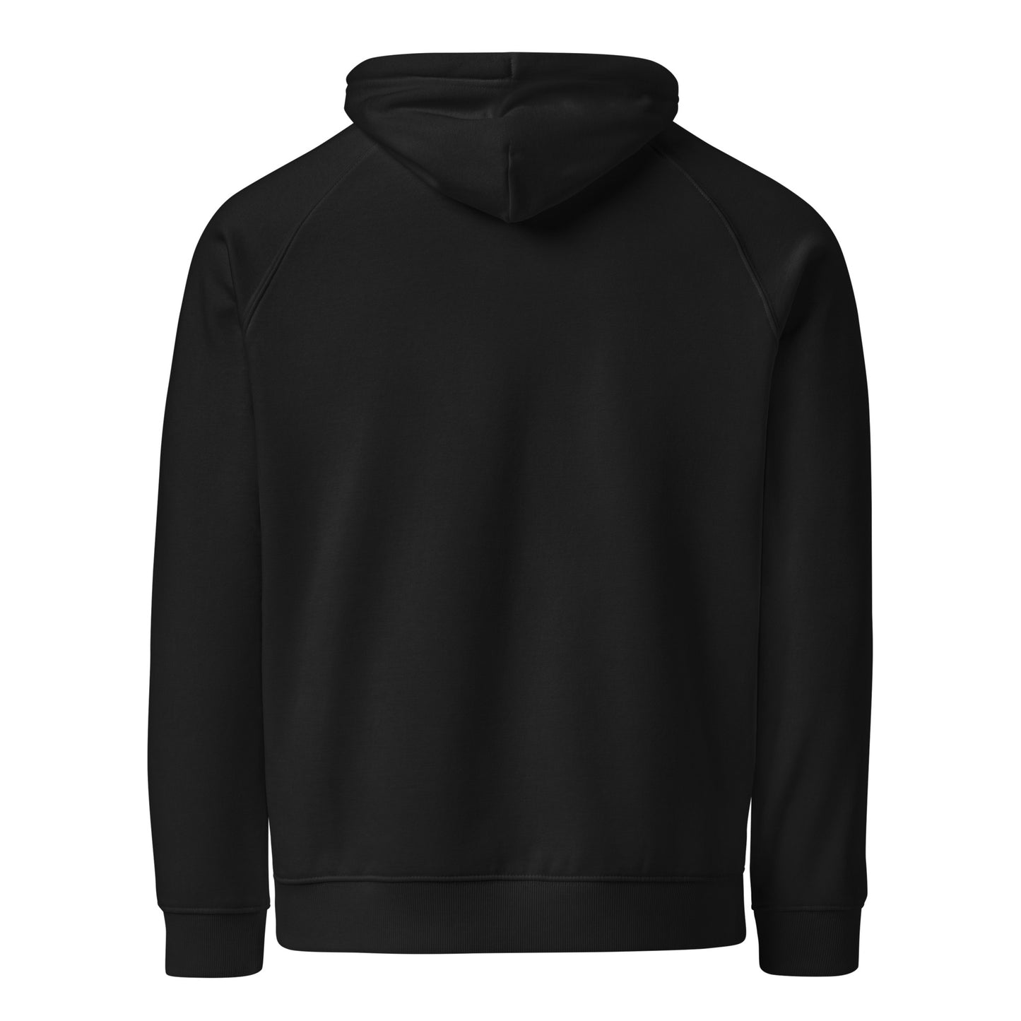 Back view of Life Is Peak eco hoodie with light mountain graphic – unisex organic cotton hoodie – color: black