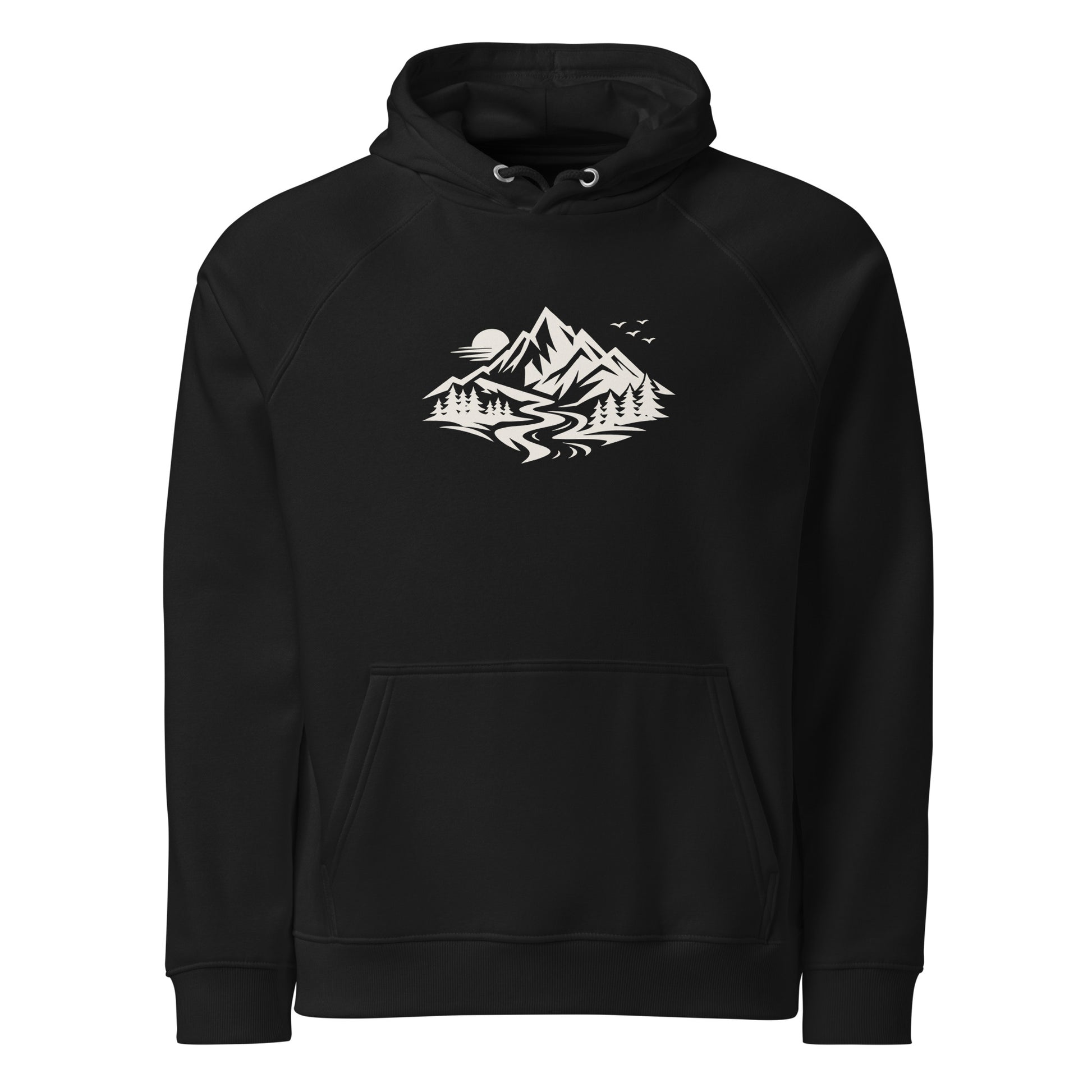Front view of Life Is Peak eco hoodie with light mountain graphic – unisex organic cotton hoodie – color: black