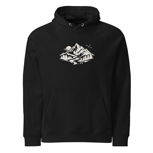Front view of Life Is Peak eco hoodie with light mountain graphic – unisex organic cotton hoodie – color: black