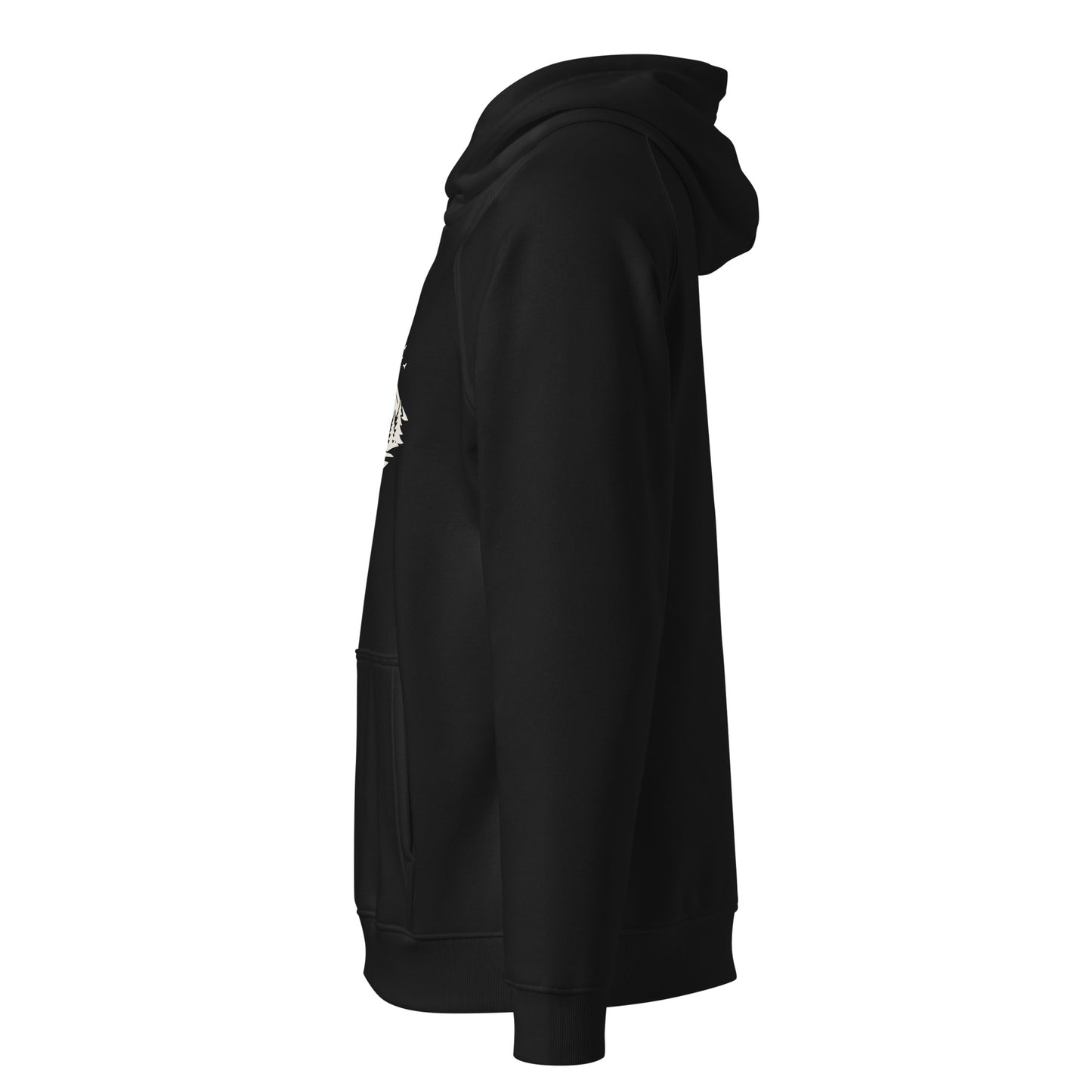 Side view of Life Is Peak eco hoodie with light mountain graphic – unisex organic cotton hoodie – color: black