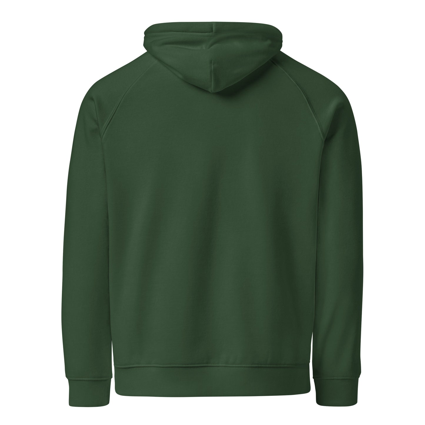 Back view of Life Is Peak eco hoodie with light mountain graphic – unisex organic cotton hoodie – color: bottle green