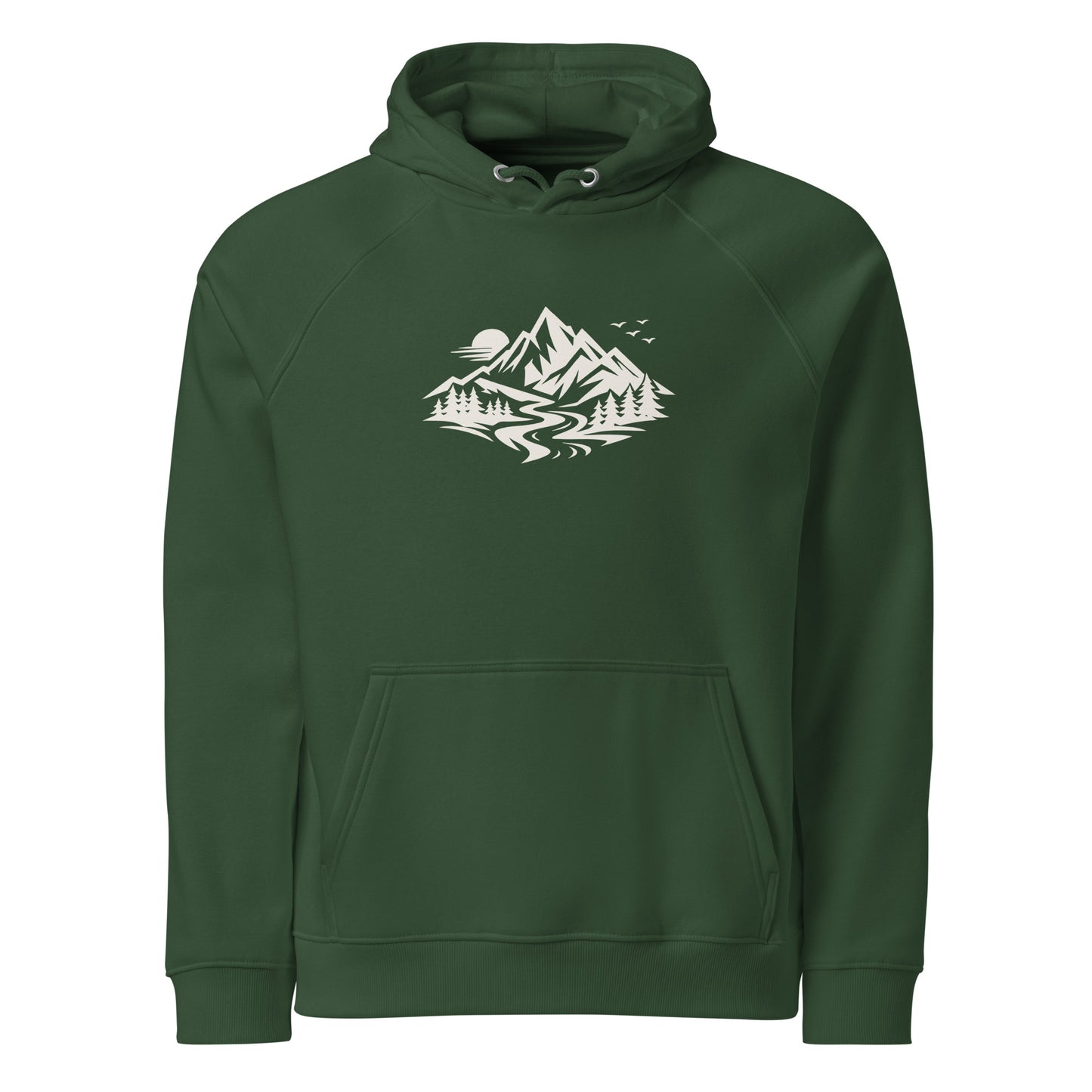 Front view of Life Is Peak eco hoodie with light mountain graphic – unisex organic cotton hoodie – color: bottle green