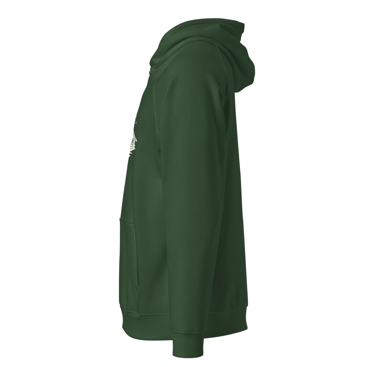 Side view of Life Is Peak eco hoodie with light mountain graphic – unisex organic cotton hoodie – color: bottle green