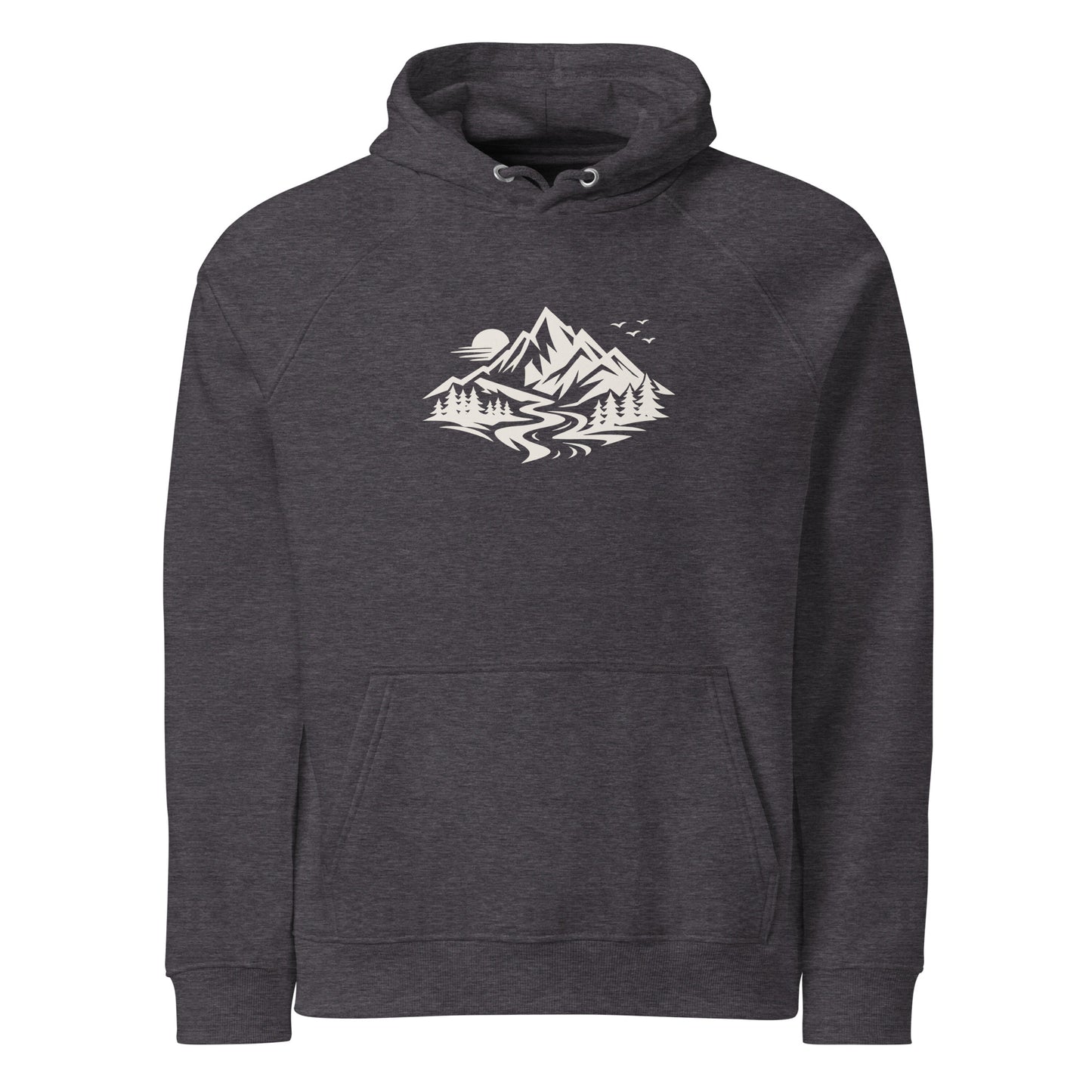 Front view of Life Is Peak eco hoodie with light mountain graphic – unisex organic cotton hoodie – color: charcoal melange