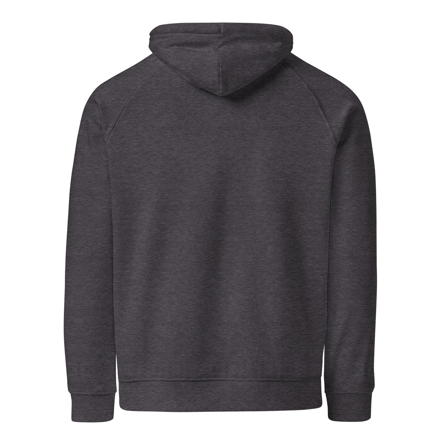 Back view of Life Is Peak eco hoodie with light mountain graphic – unisex organic cotton hoodie – color: charcoal melange
