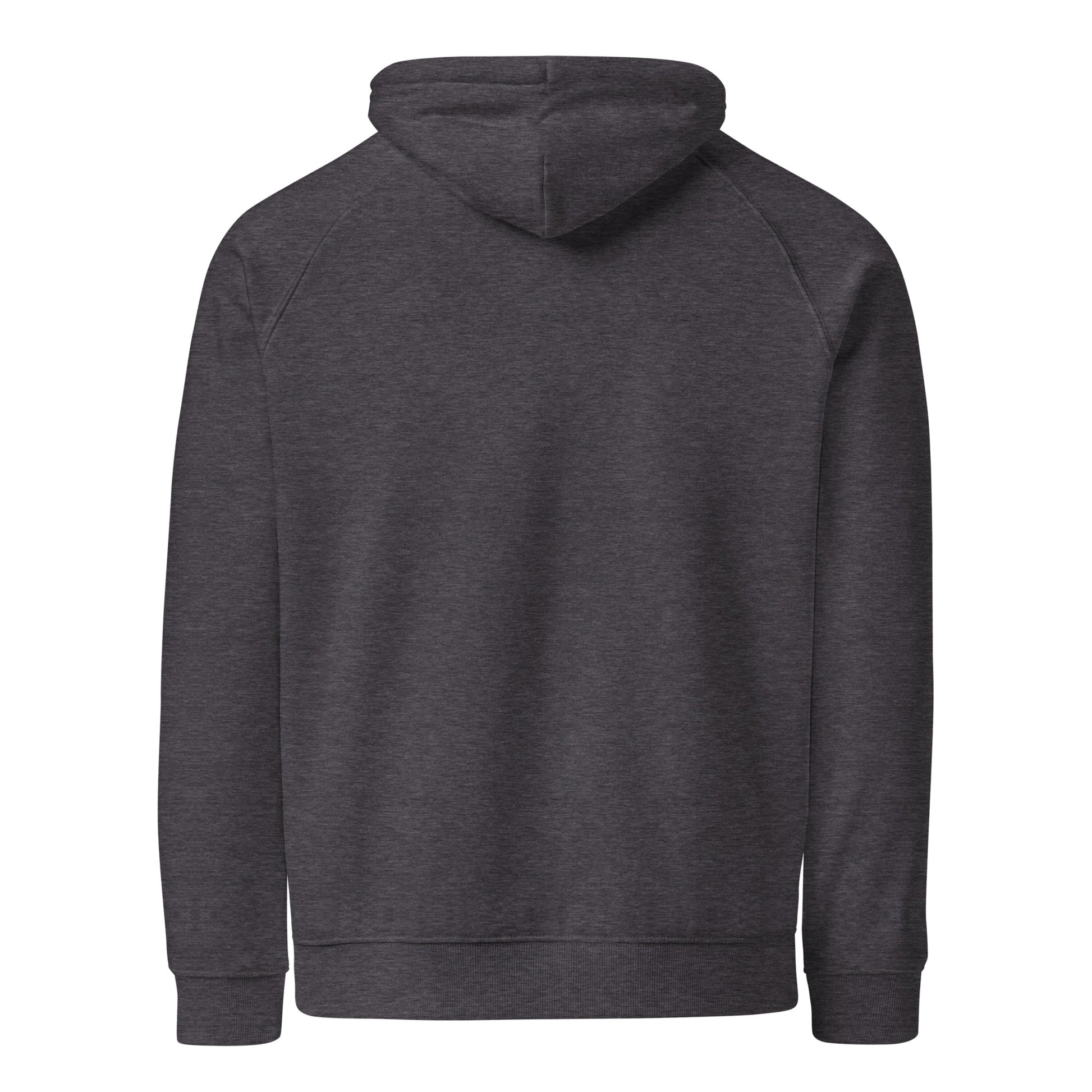 Back view of Life Is Peak eco hoodie with light mountain graphic – unisex organic cotton hoodie – color: charcoal melange