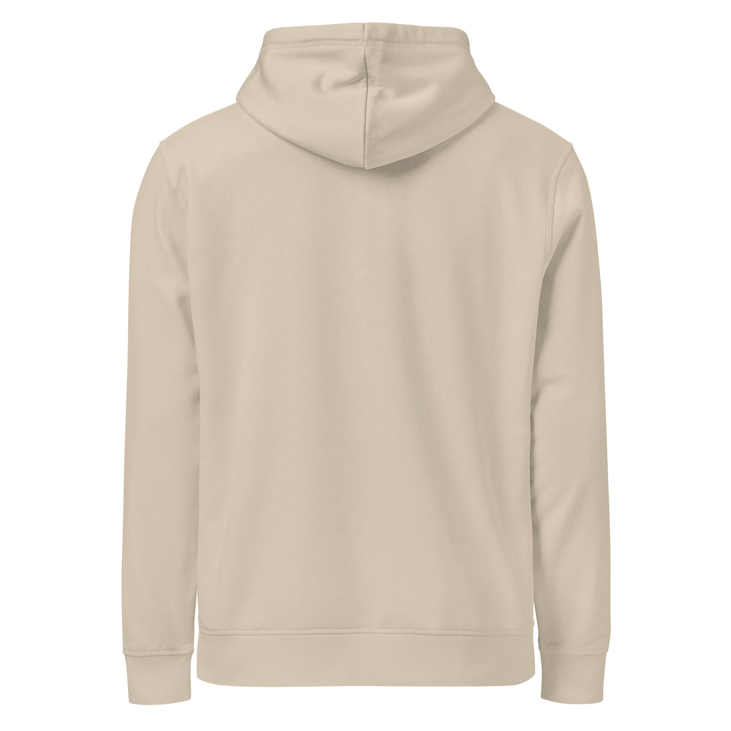 Back view of Life Is Peak eco hoodie with dark mountain graphic – unisex organic cotton hoodie – color: desert dust