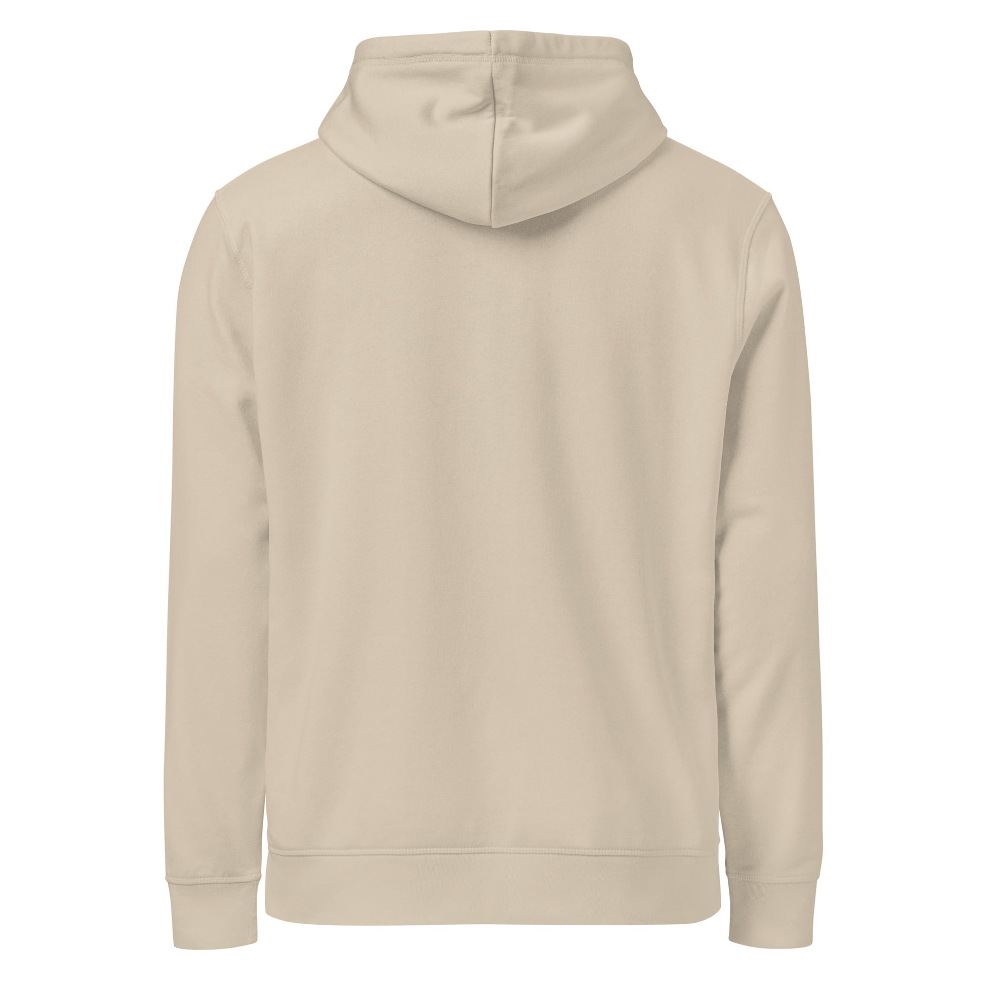 Back view of Life Is Peak eco hoodie with dark mountain graphic – unisex organic cotton hoodie – color: desert dust