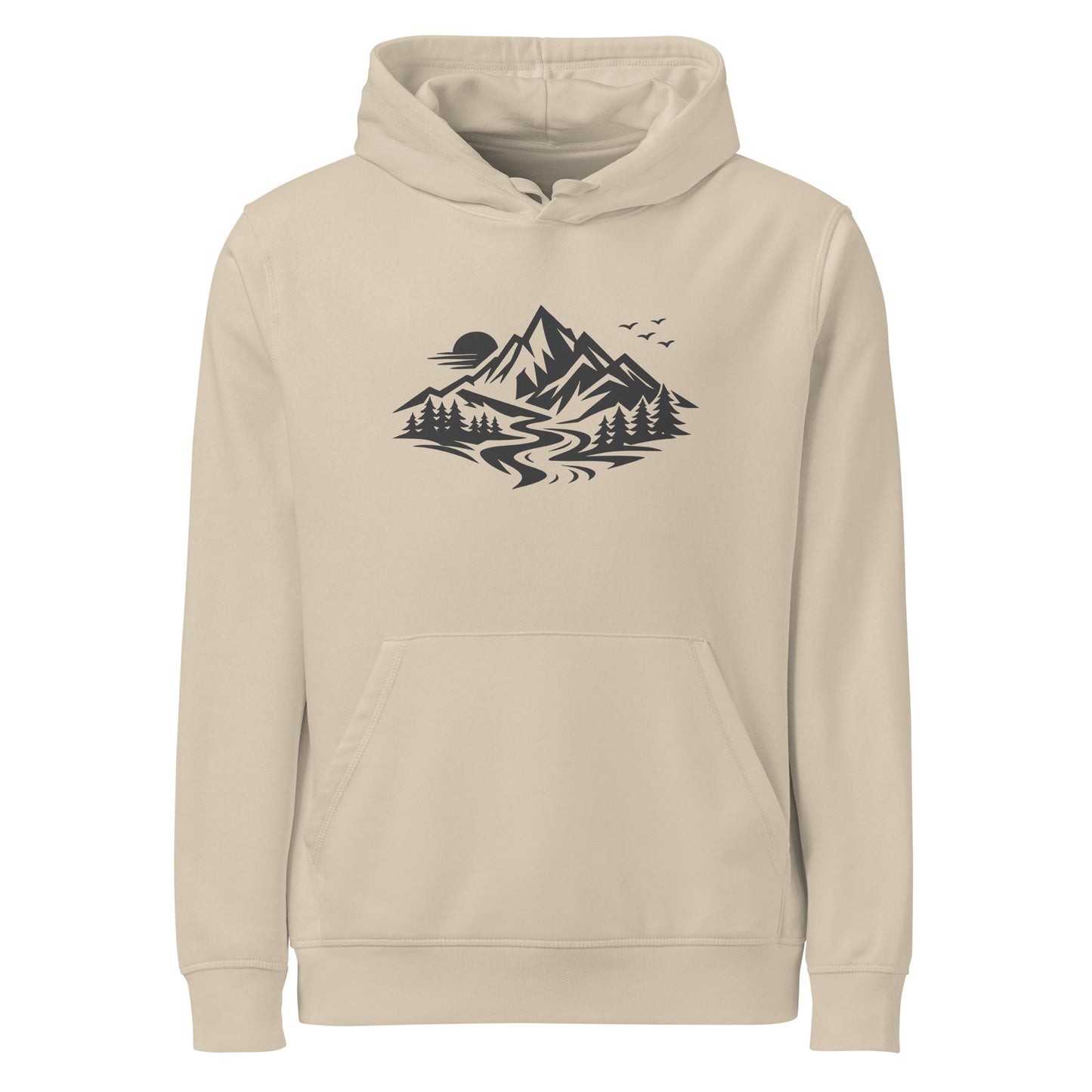 Front view of Life Is Peak eco hoodie with dark mountain graphic – unisex organic cotton hoodie – color: desert dust