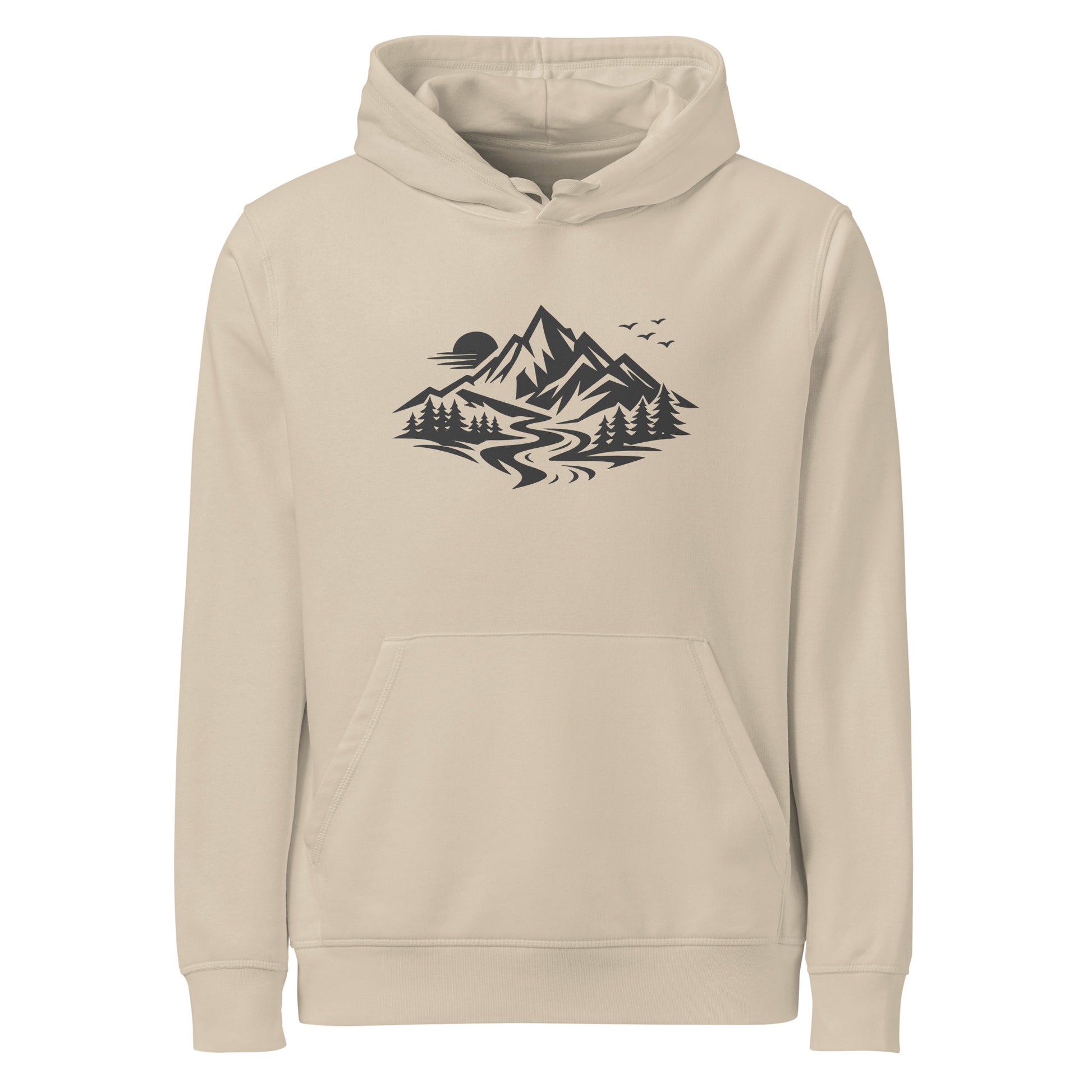 Front view of Life Is Peak eco hoodie with dark mountain graphic – unisex organic cotton hoodie – color: desert dust