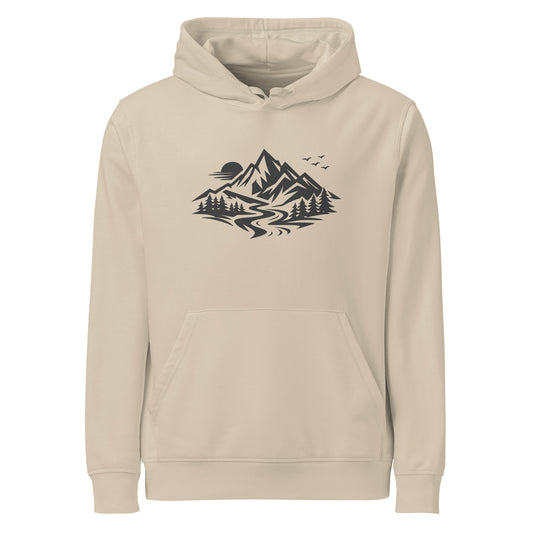 Front view of Life Is Peak eco hoodie with dark mountain graphic – unisex organic cotton hoodie – color: desert dust