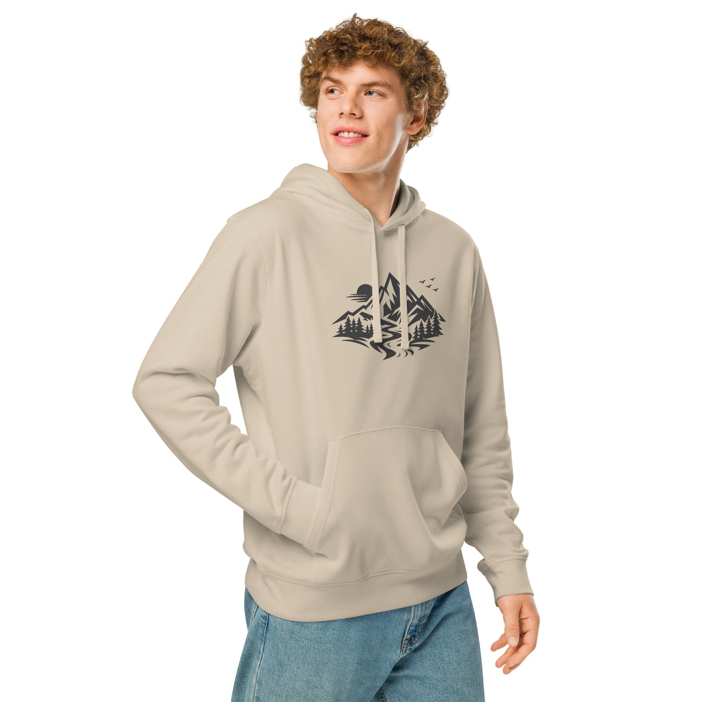 Lifestyle photo of Life Is Peak eco hoodie with dark mountain graphic – unisex organic cotton hoodie – color: desert dust