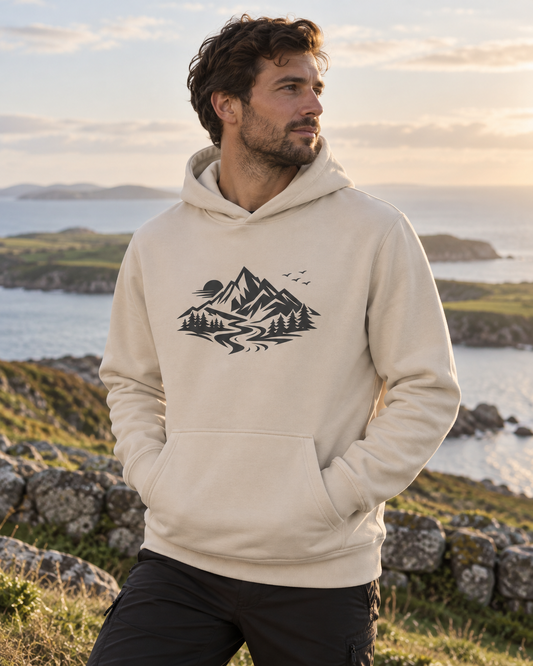 Lifestyle photo of Life Is Peak eco hoodie with dark mountain graphic – unisex organic cotton hoodie – color: desert dust