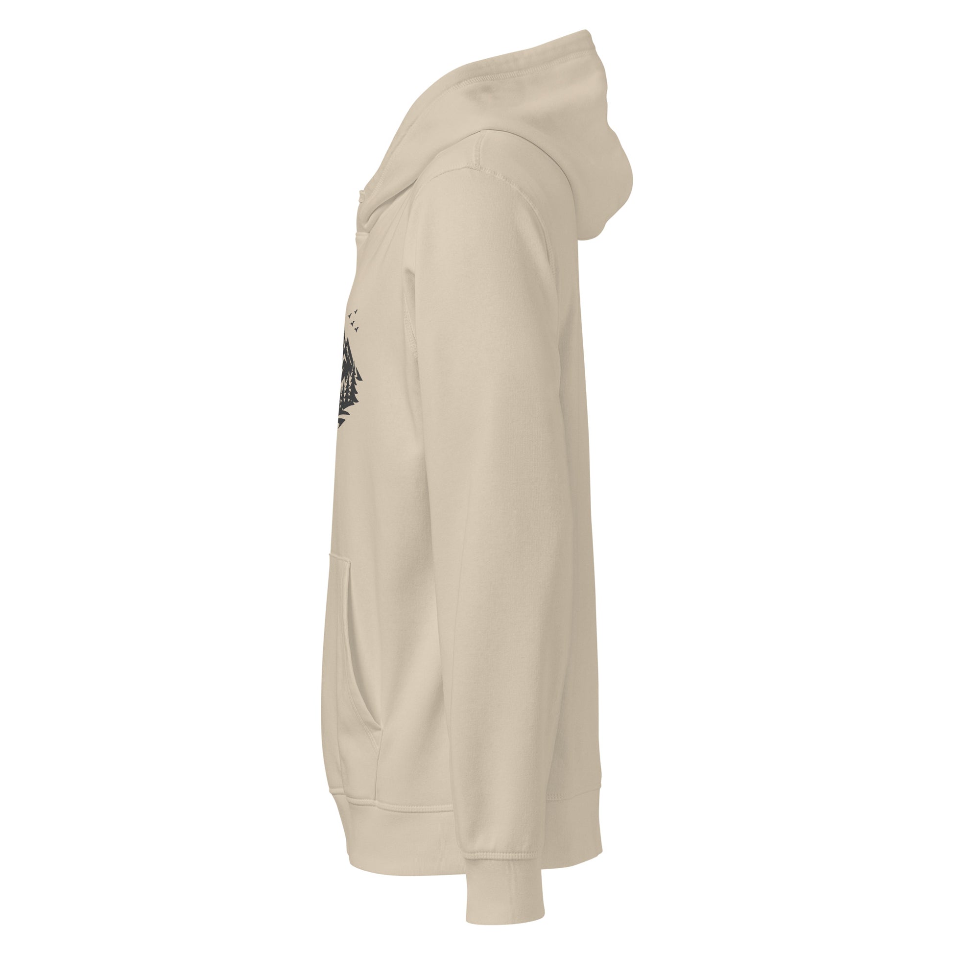 Side view of Life Is Peak eco hoodie with dark mountain graphic – unisex organic cotton hoodie – color: desert dust