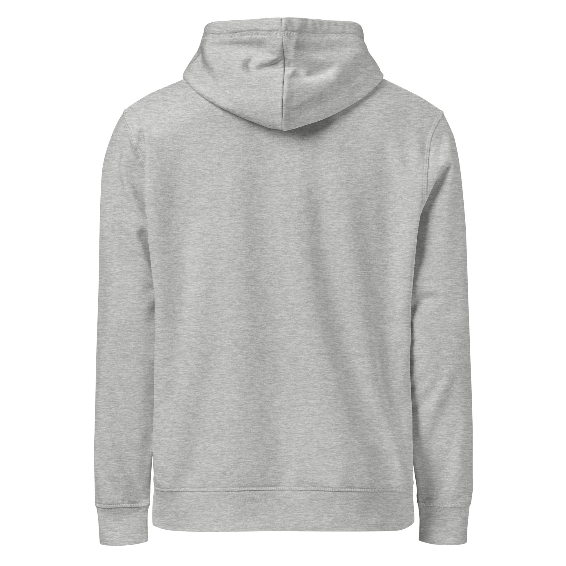Back view of Life Is Peak eco hoodie with dark mountain graphic – unisex organic cotton hoodie – color: heather grey