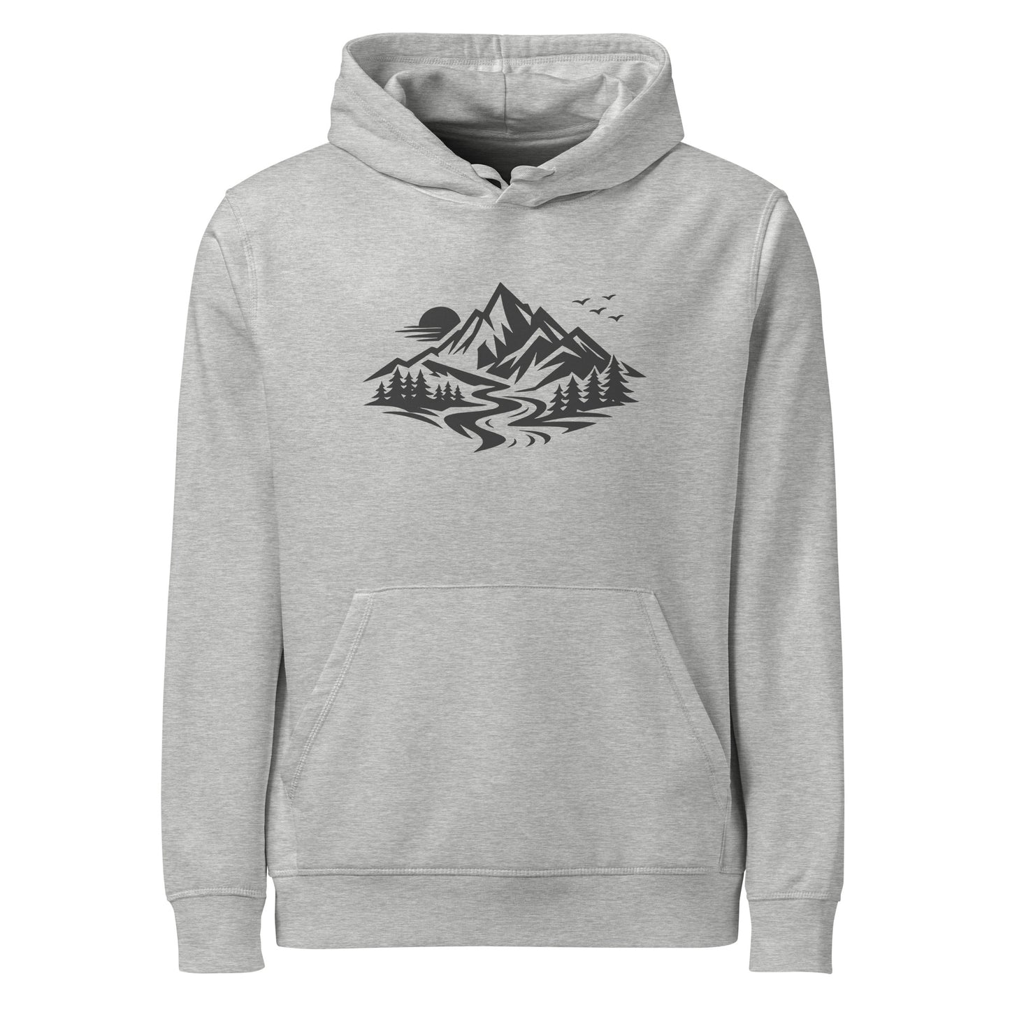 Front view of Life Is Peak eco hoodie with dark mountain graphic – unisex organic cotton hoodie – color: heather grey