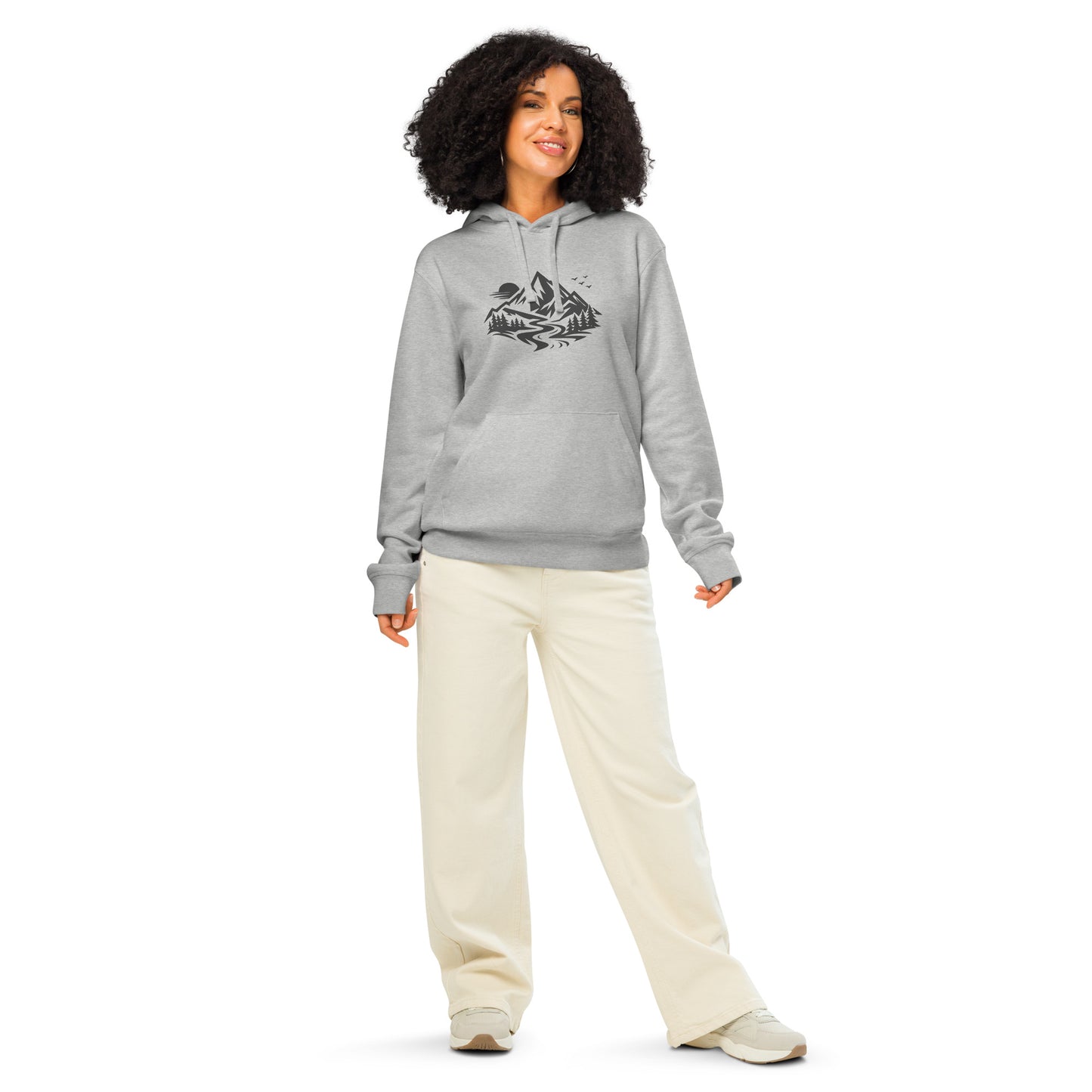 Lifestyle photo of Life Is Peak eco hoodie with dark mountain graphic – unisex organic cotton hoodie – color: heather grey