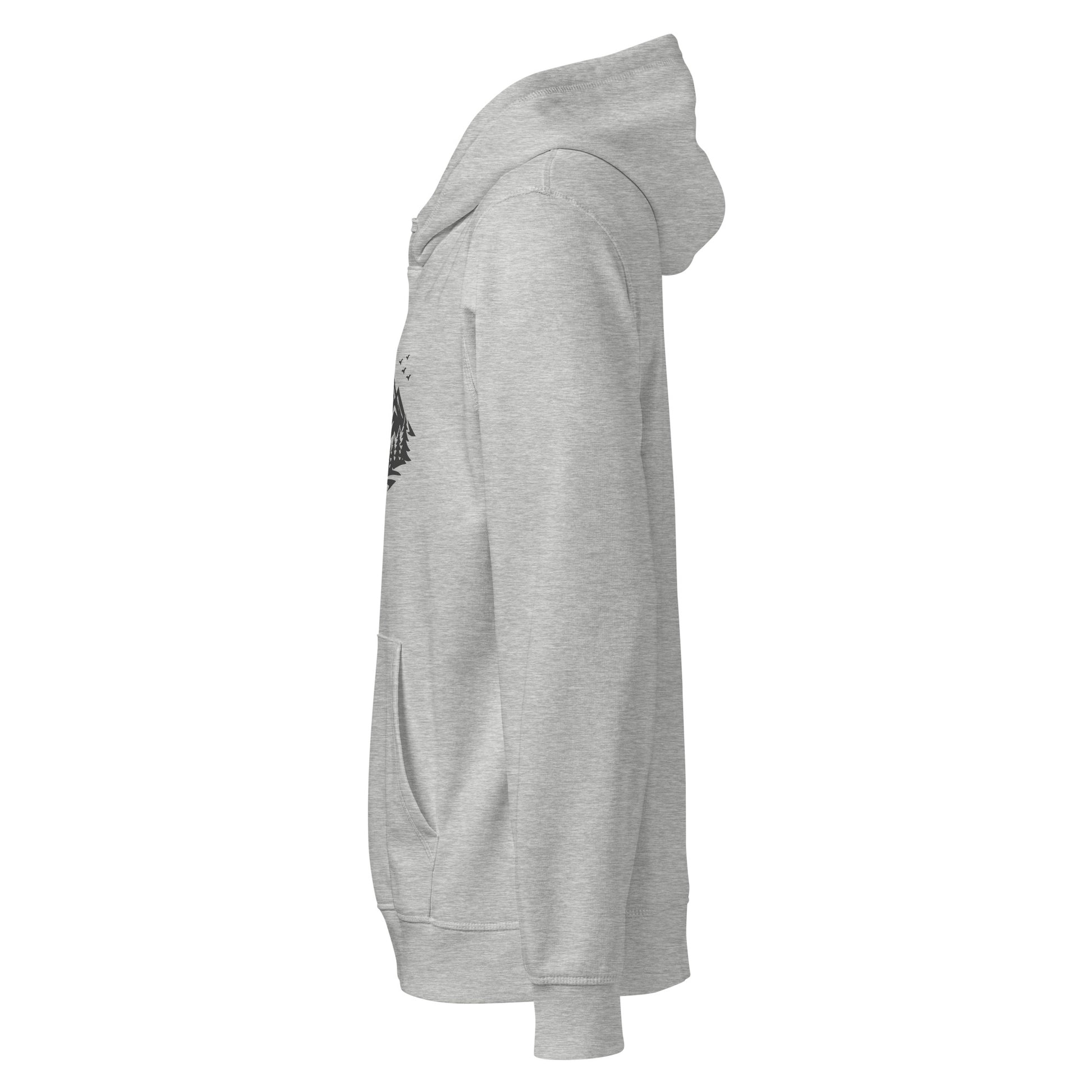 Side view of Life Is Peak eco hoodie with dark mountain graphic – unisex organic cotton hoodie – color: heather grey