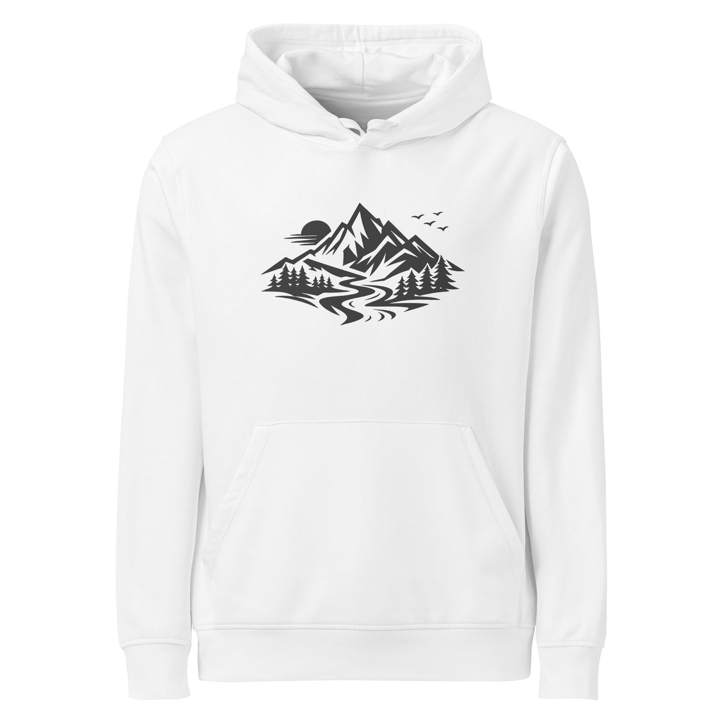 Front view of Life Is Peak eco hoodie with dark mountain graphic – unisex organic cotton hoodie – color: white