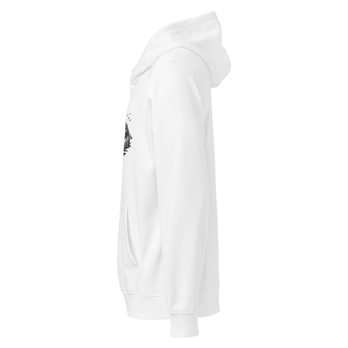 Side view of Life Is Peak eco hoodie with dark mountain graphic – unisex organic cotton hoodie – color: white