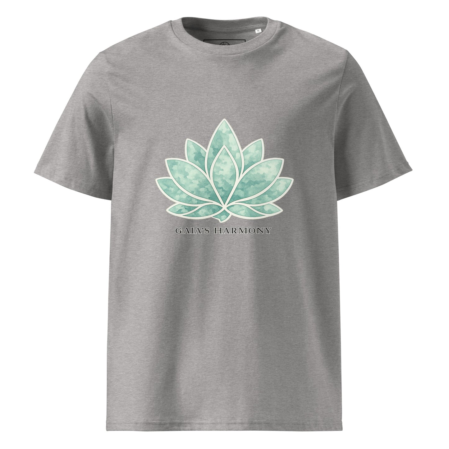 Front view Lotus Harmony organic cotton t-shirt with botanical lotus illustration – unisex t-shirt – color: heather grey