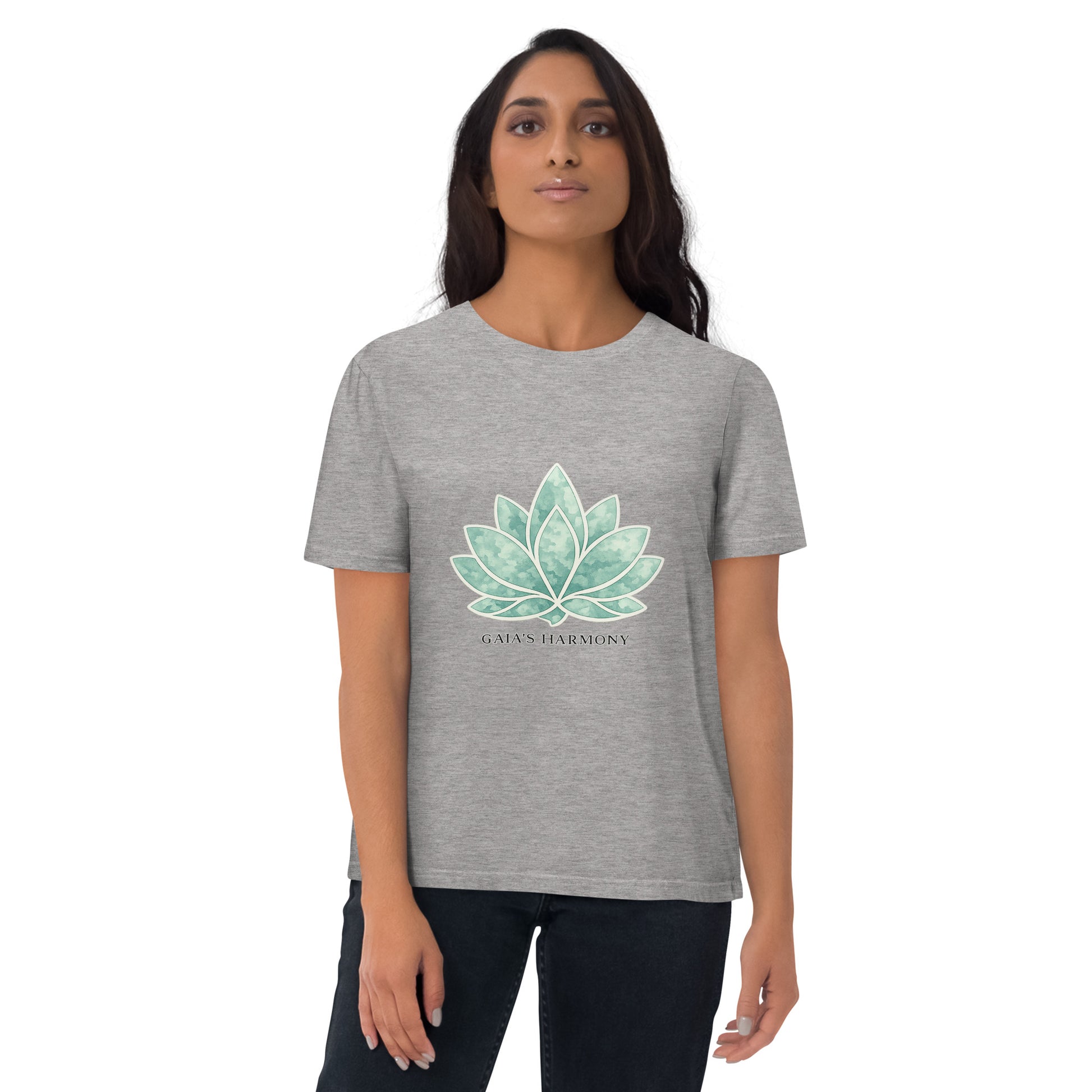 Lifestyle photo Lotus Harmony organic cotton t-shirt with botanical lotus illustration – unisex t-shirt – color: heather grey