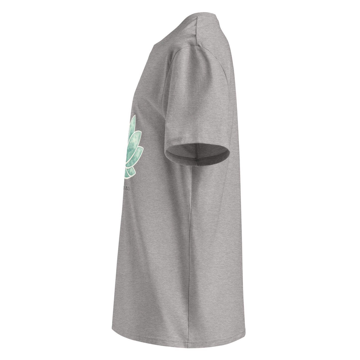 Side view Lotus Harmony organic cotton t-shirt with botanical lotus illustration – unisex t-shirt – color: heather grey