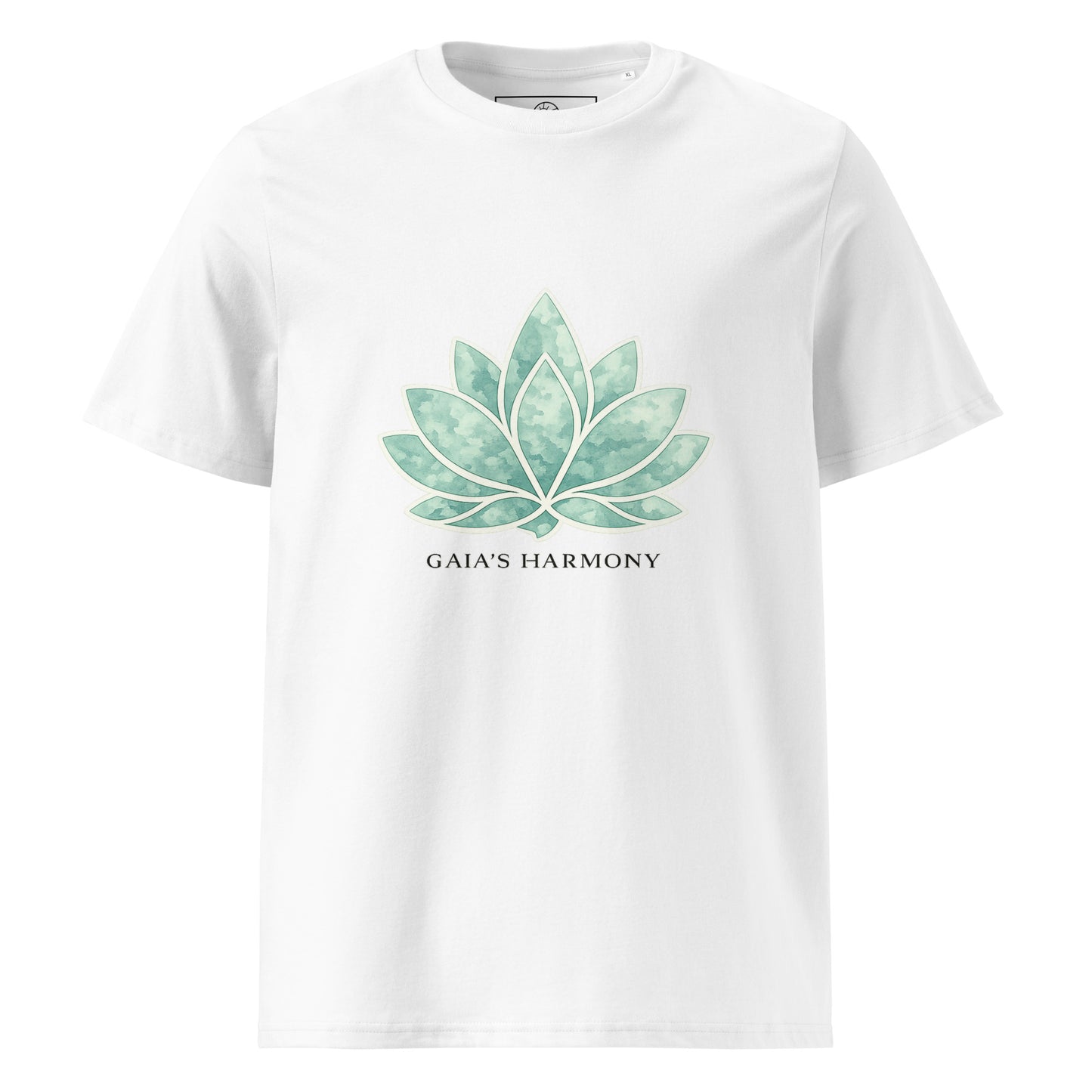 Front view Lotus Harmony organic cotton t-shirt with botanical lotus illustration – unisex t-shirt – color: white