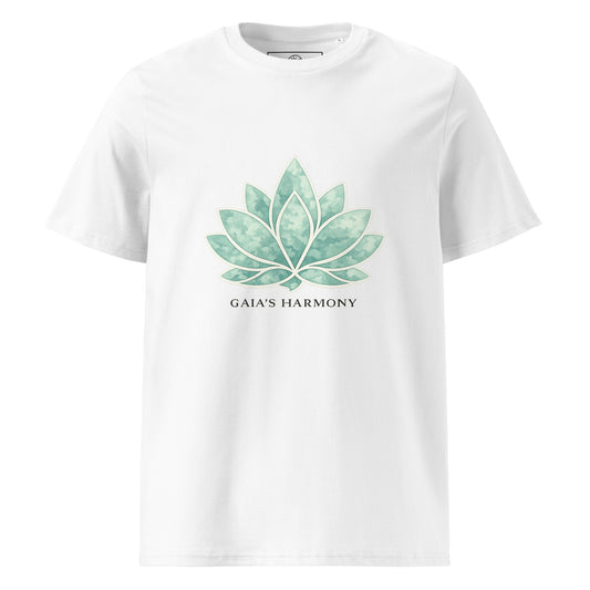 Front view Lotus Harmony organic cotton t-shirt with botanical lotus illustration – unisex t-shirt – color: white