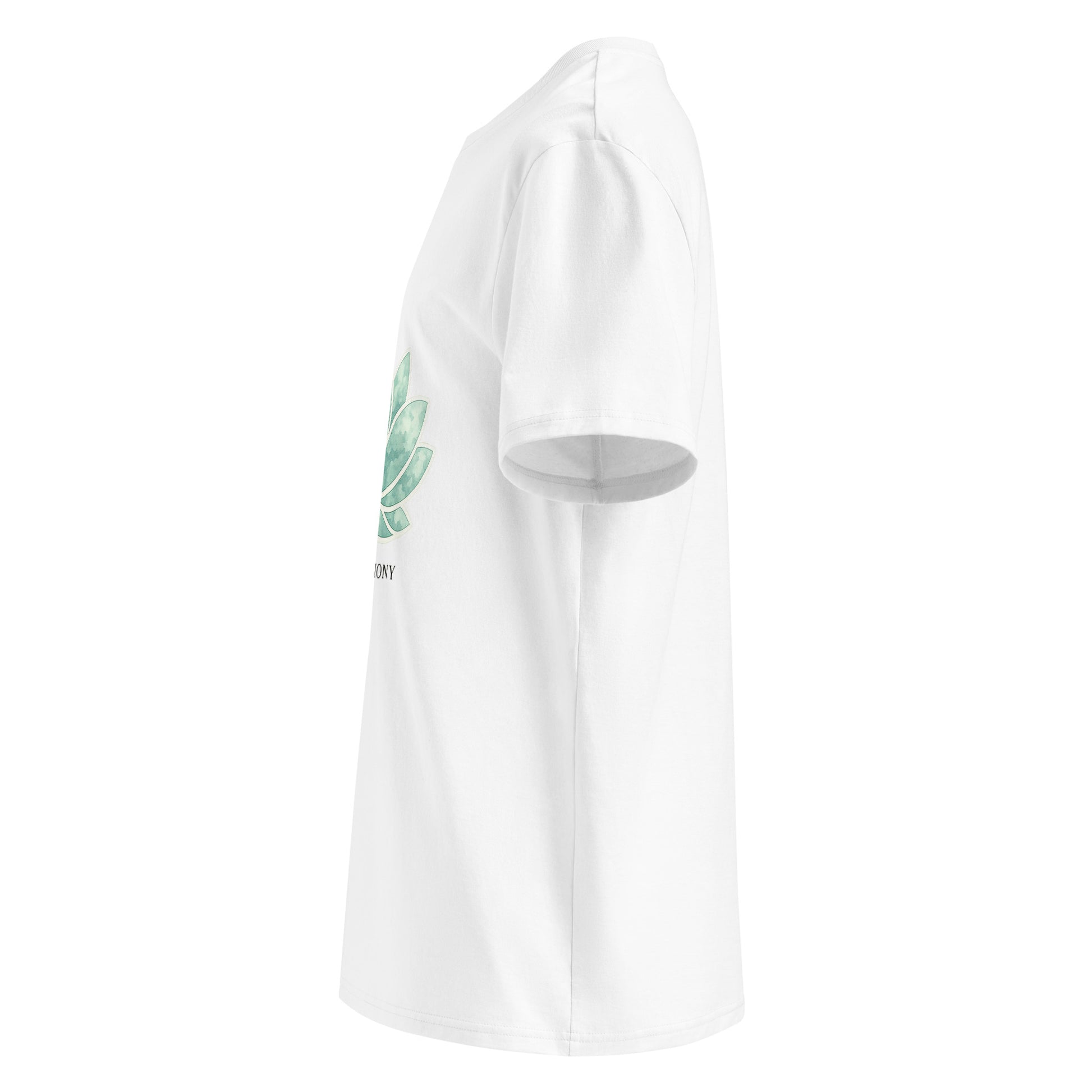 Side view Lotus Harmony organic cotton t-shirt with botanical lotus illustration – unisex t-shirt – color: white