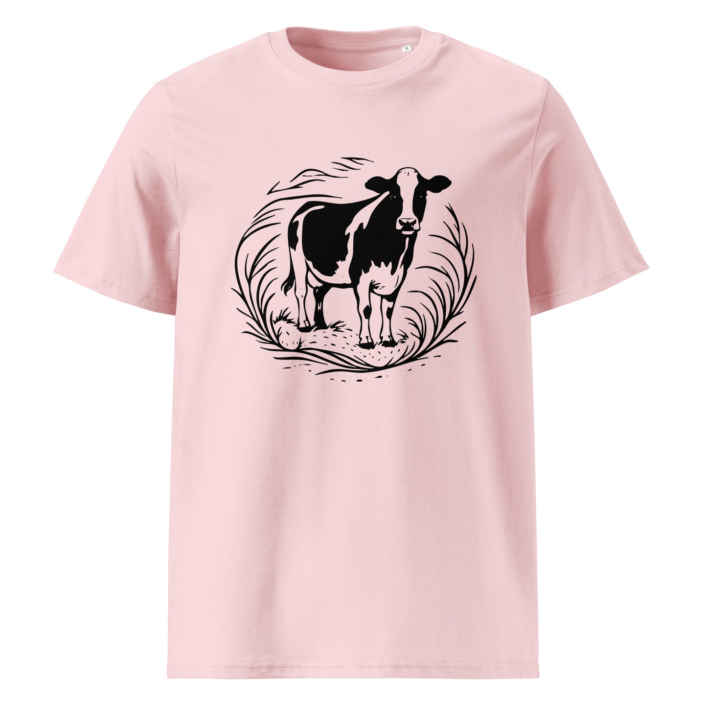 Front view of Moving Forward organic cotton T-shirt with cow illustration – unisex tee – color: cotton pink