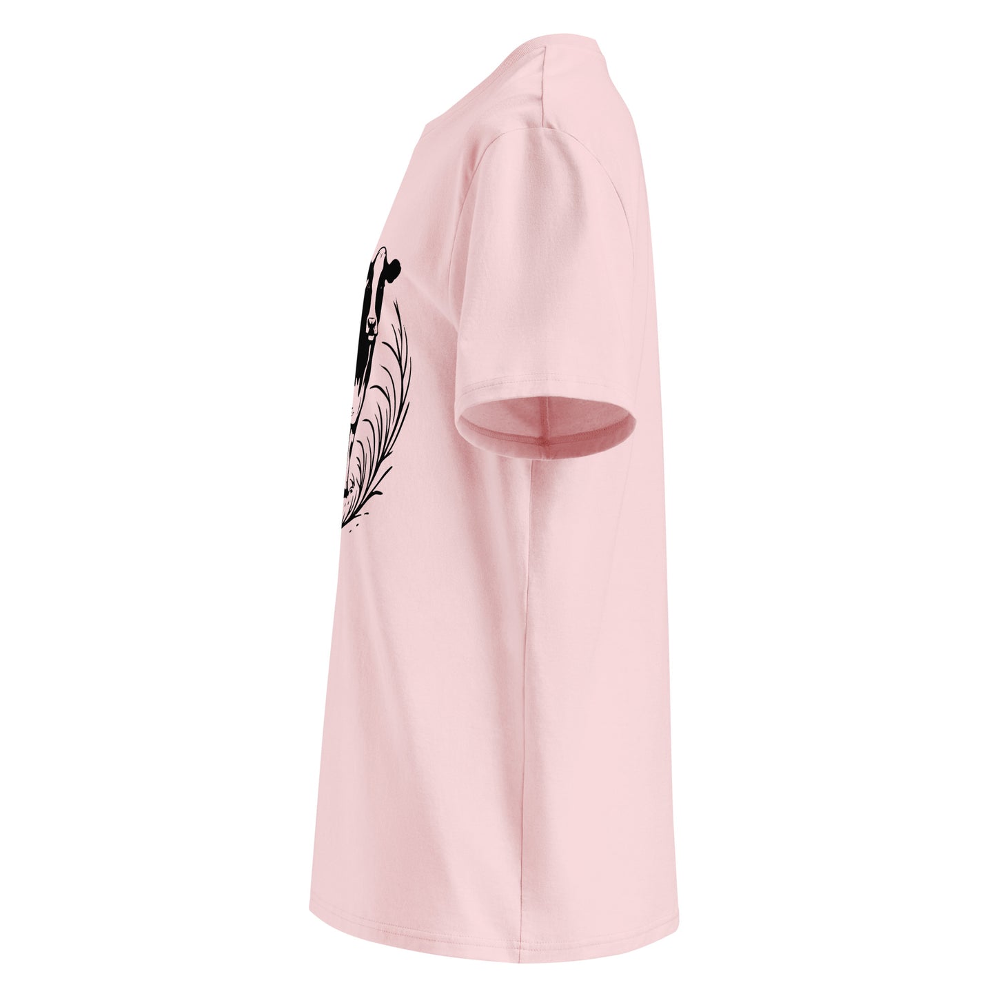 Side view of Moving Forward organic cotton T-shirt with cow illustration – unisex tee – color: cotton pink