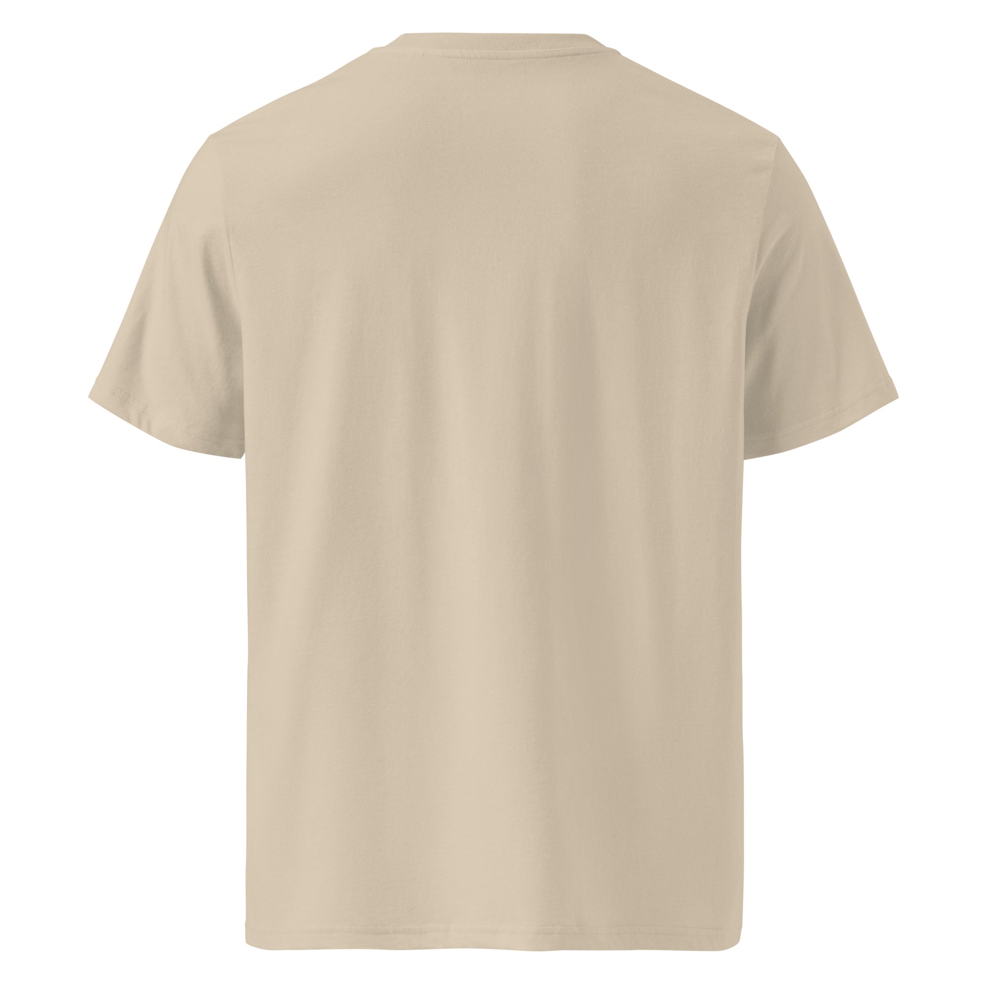 Back view of Moving Forward organic cotton T-shirt with cow illustration – unisex tee – color: desert dust