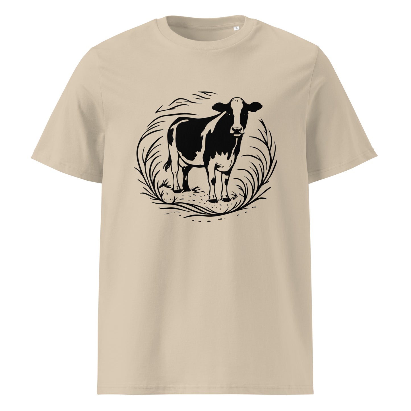 Front view of Moving Forward organic cotton T-shirt with cow illustration – unisex tee – color: desert dust