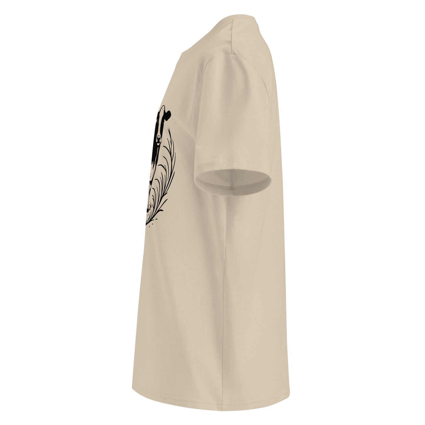 Side view of Moving Forward organic cotton T-shirt with cow illustration – unisex tee – color: desert dust